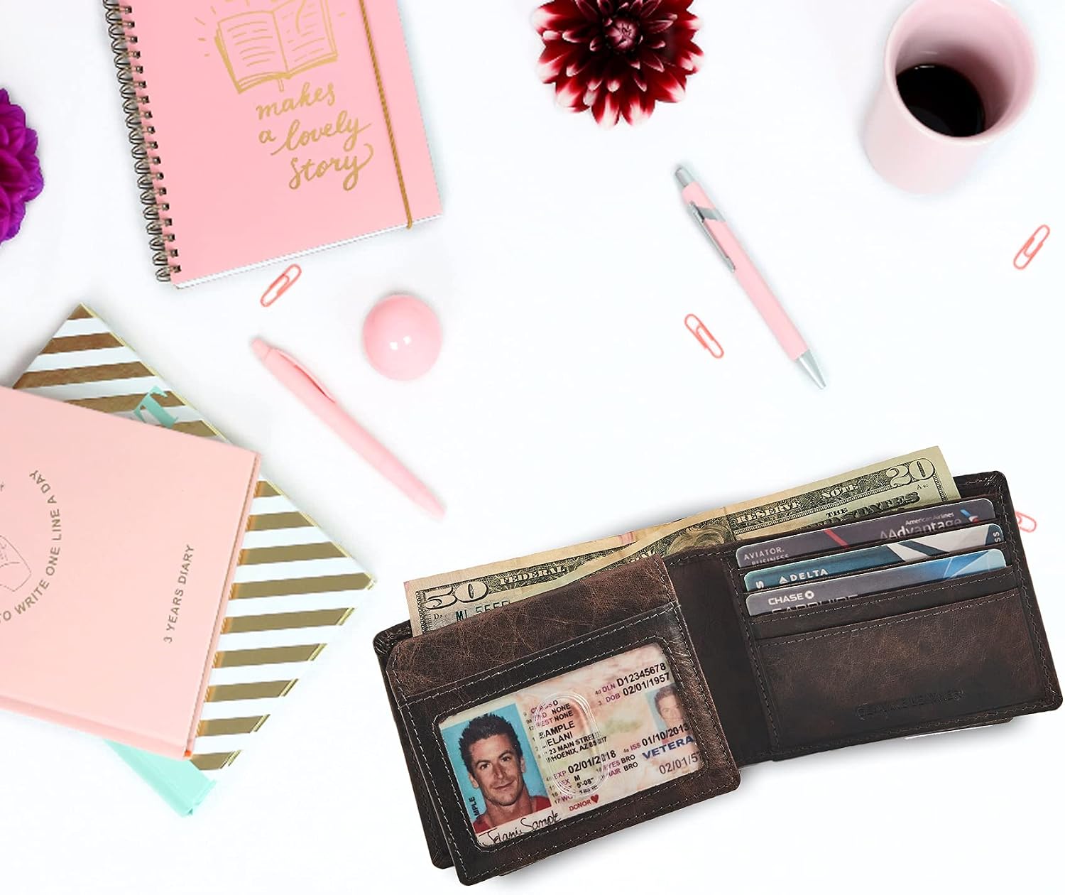 BILLETERA PARA HOMBRE COCHOA SLIM RFID BLOQUEO CUERO BIFOLD MINIMALISTA 2 VENTANAS ID ESPRESSO - 4