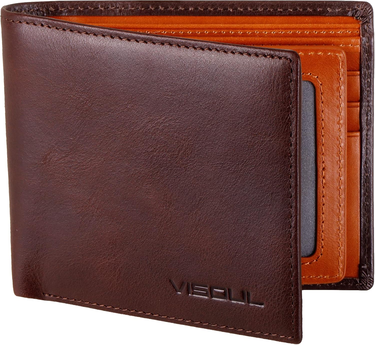 BILLETERA PARA HOMBRE VISOUL DE CUERO CON BLOQUEO RFID Y CAPACIDAD EXTRA CAFÉ Y NARANJA OSCURO - 1