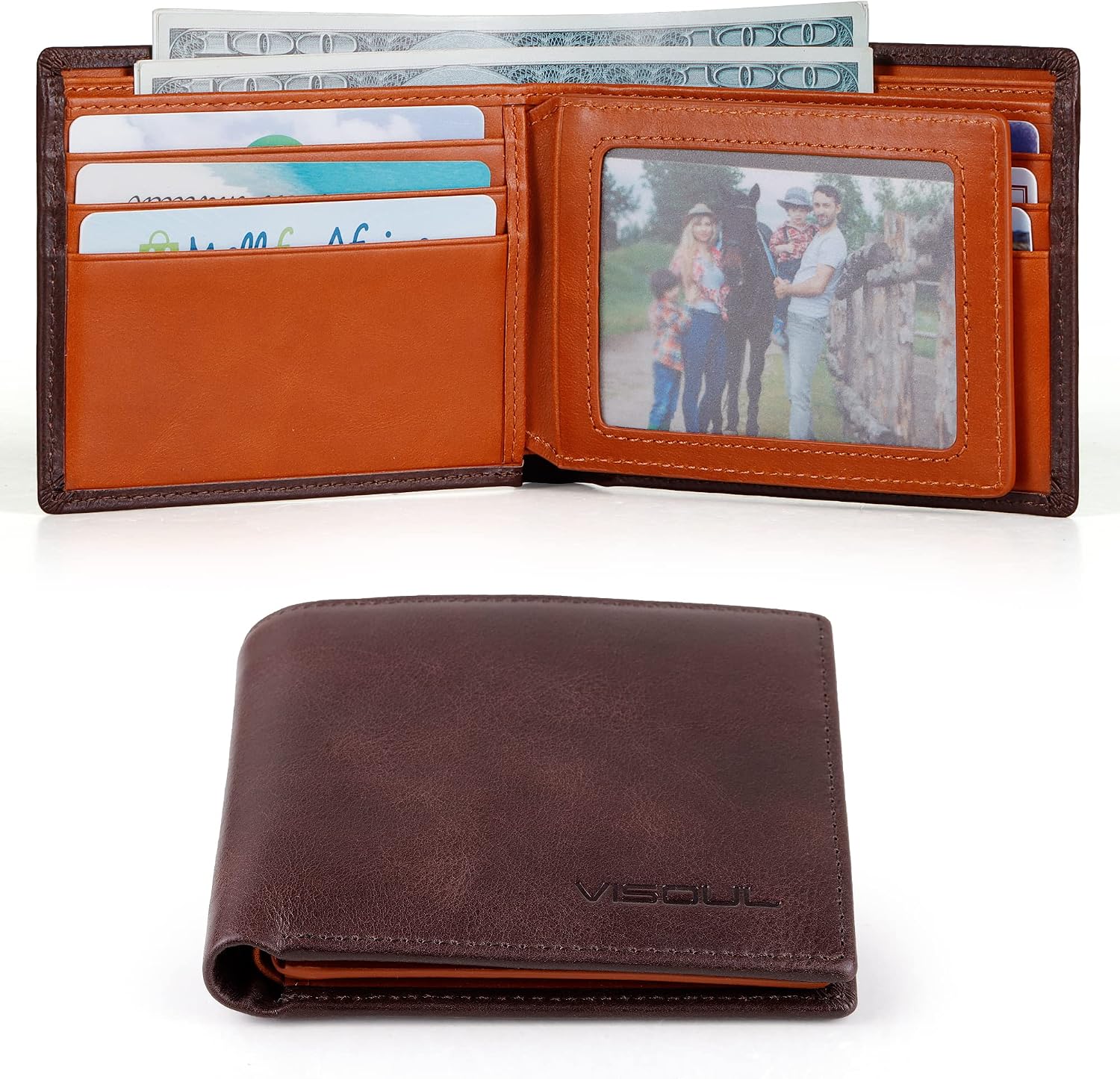 BILLETERA PARA HOMBRE VISOUL DE CUERO CON BLOQUEO RFID Y CAPACIDAD EXTRA CAFÉ Y NARANJA OSCURO - 2