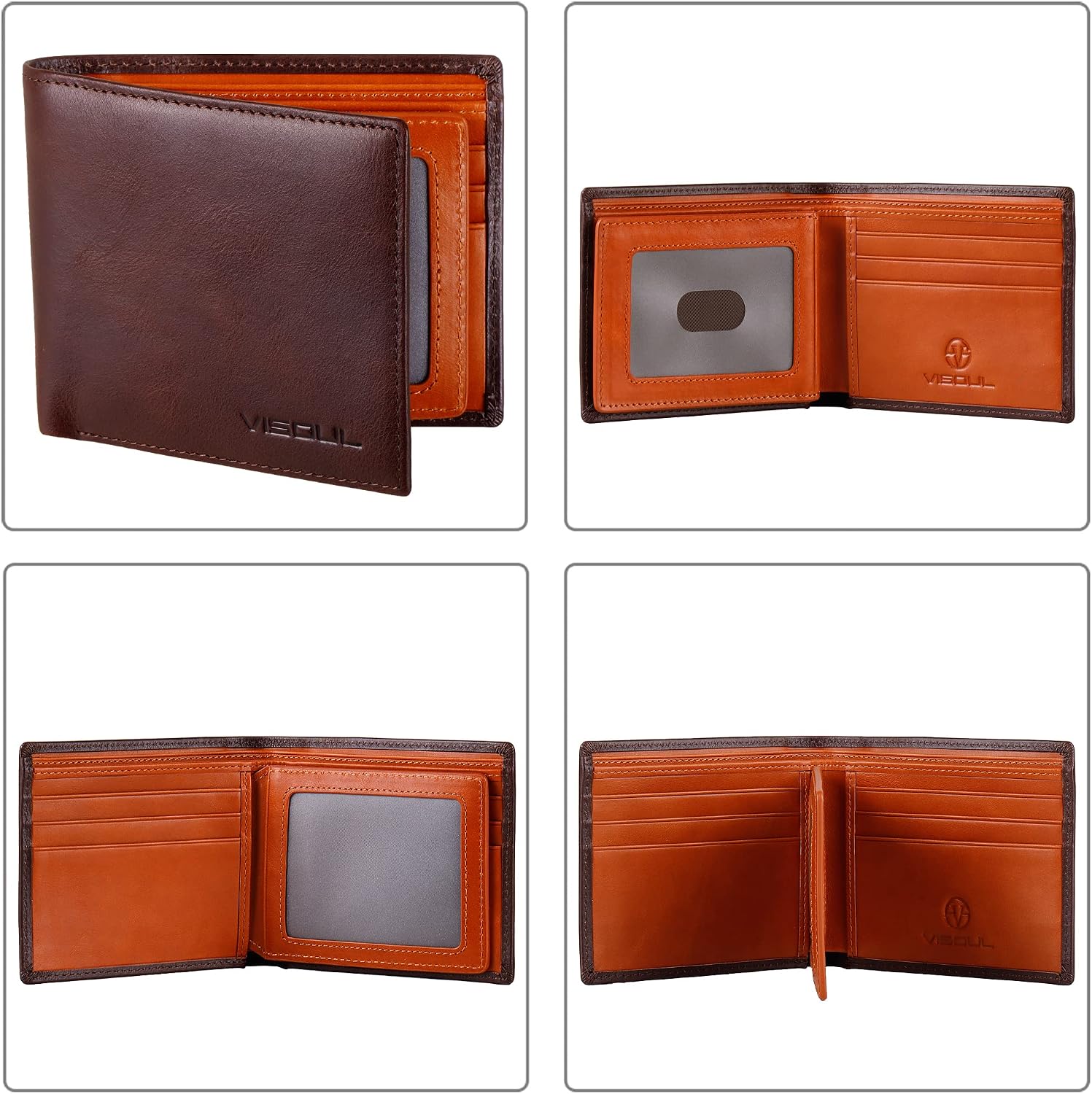 BILLETERA PARA HOMBRE VISOUL DE CUERO CON BLOQUEO RFID Y CAPACIDAD EXTRA CAFÉ Y NARANJA OSCURO - 3