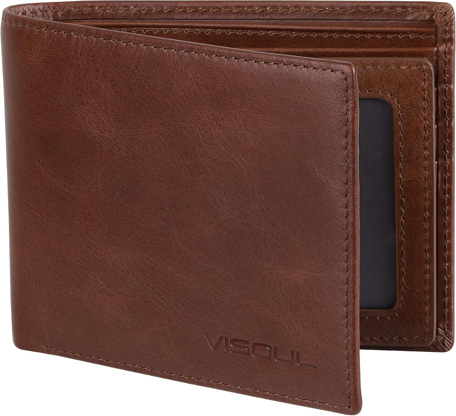 BILLETERA DE CUERO BIFOLD PARA HOMBRE VISOUL CON BLOQUEO RFID COLOR MARRÓN - 1