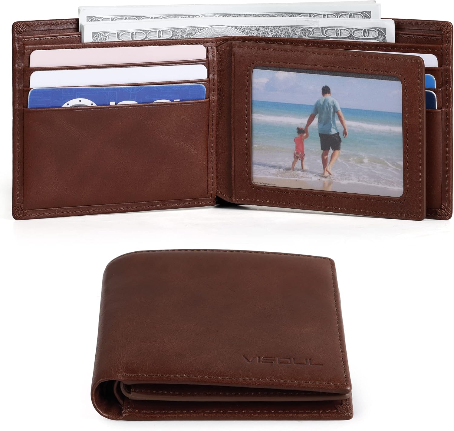 BILLETERA DE CUERO BIFOLD PARA HOMBRE VISOUL CON BLOQUEO RFID COLOR MARRÓN - 2