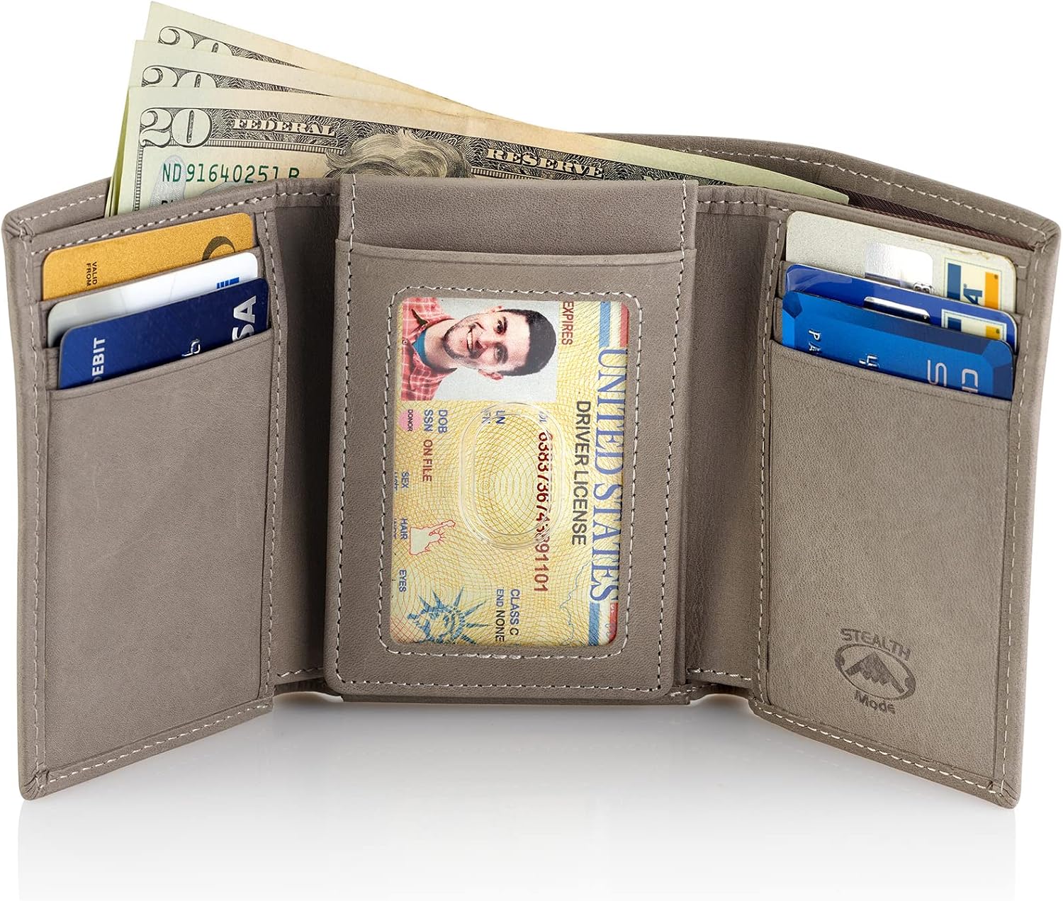 BILLETERA TRIFOLD STEALTH MODE CON BLOQUEO RFID CUERO GRIS - 2