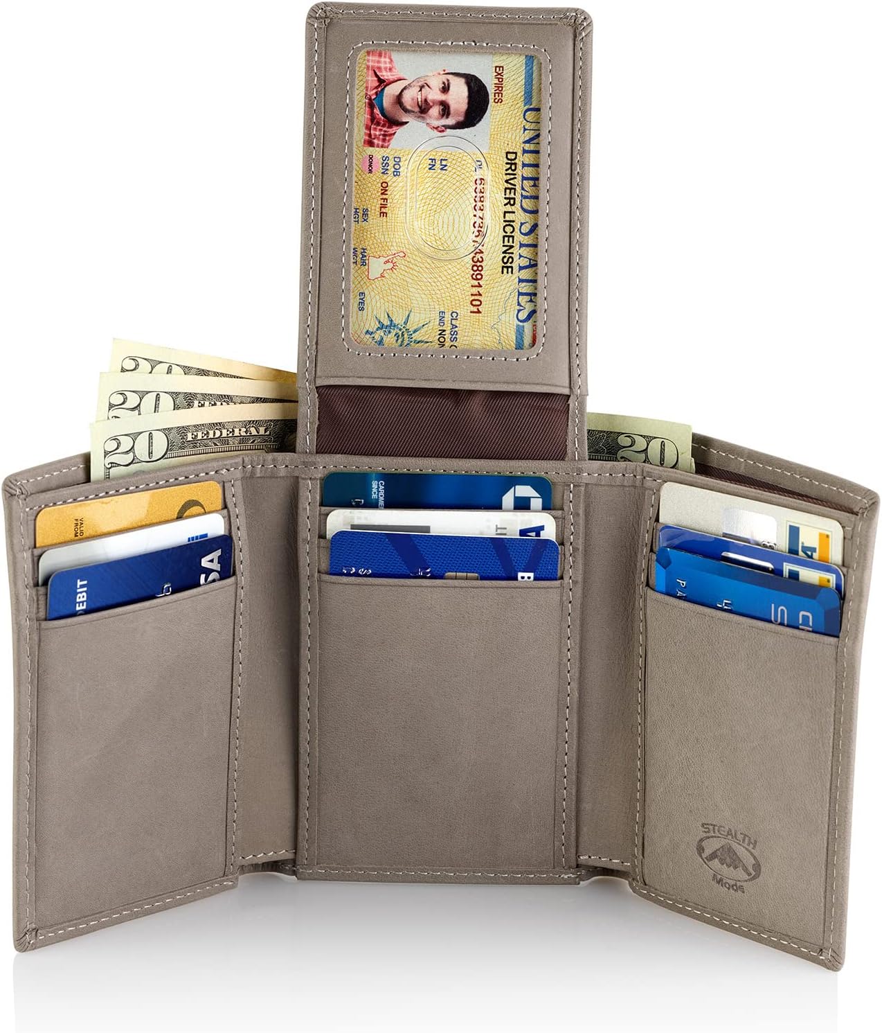 BILLETERA TRIFOLD STEALTH MODE CON BLOQUEO RFID CUERO GRIS - 3