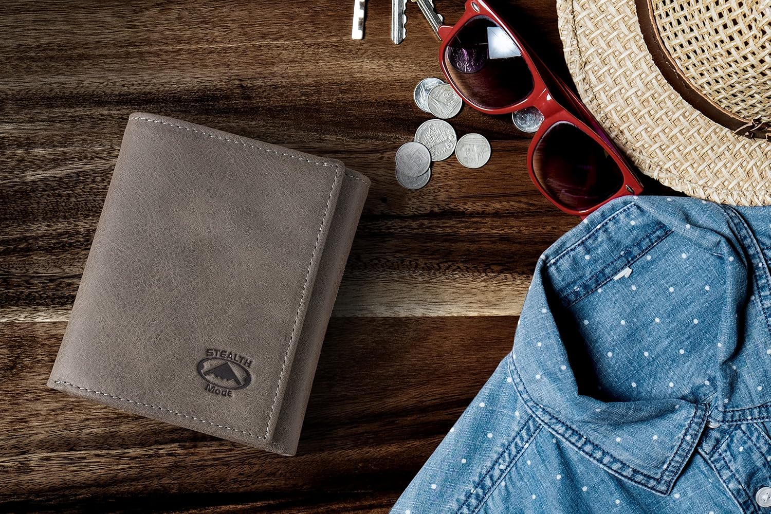 BILLETERA TRIFOLD STEALTH MODE CON BLOQUEO RFID CUERO GRIS - 4