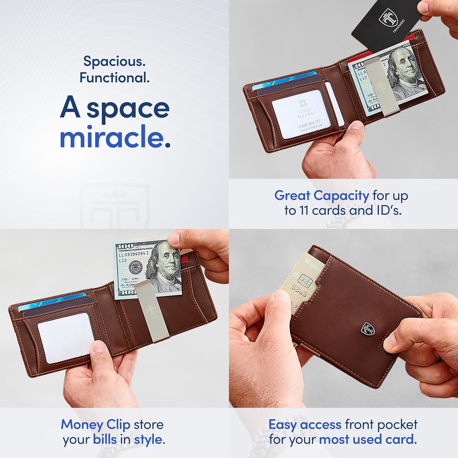 BILLETERA CON CLIP PARA DINERO TRAVANDO AUSTIN PARA HOMBRE 11 TARJETAS CHOCOLATE - 3