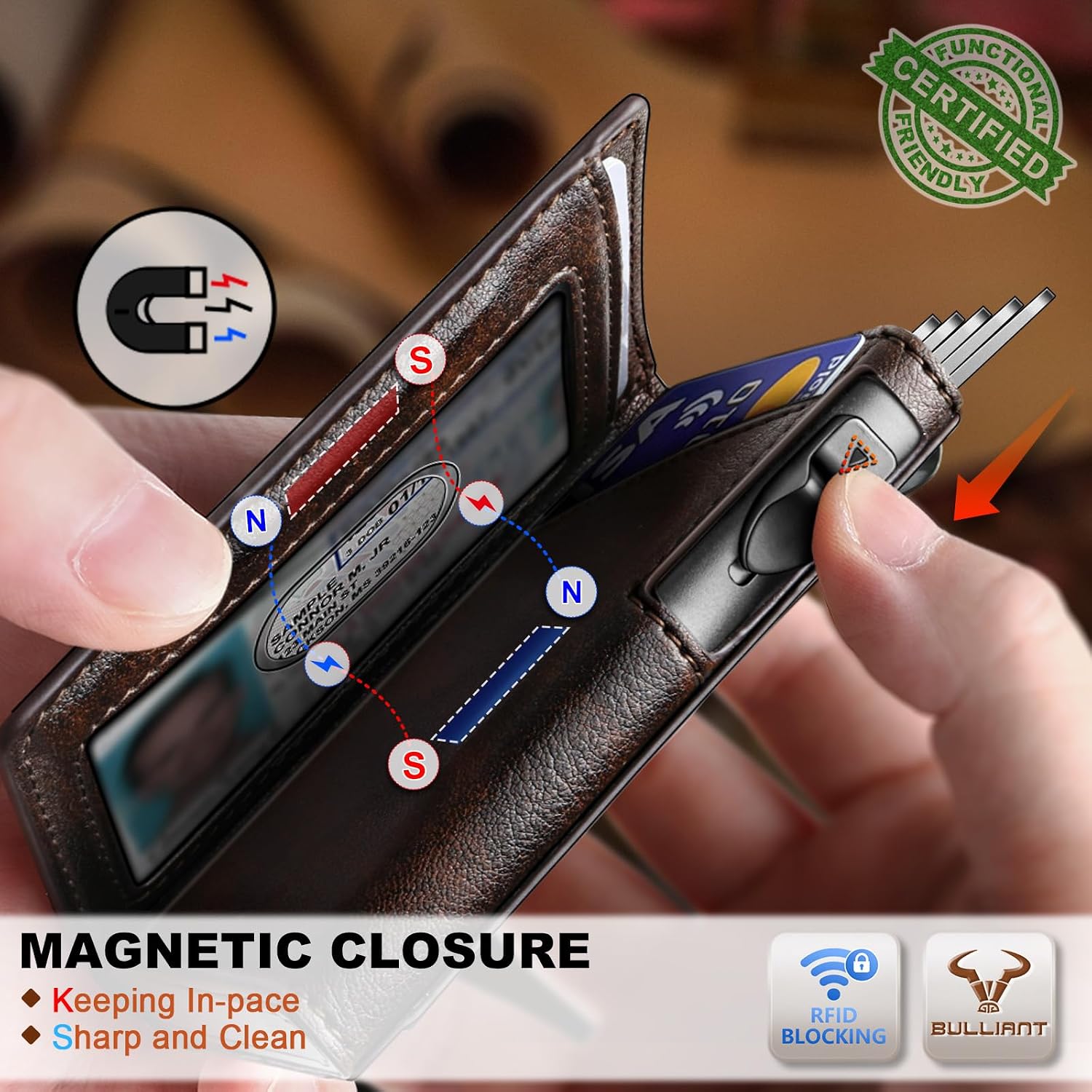 BILLETERA PARA HOMBRE BULLIANT SLIM DE CUERO CON CLIP PARA DINERO Y CIERRE MAGNÉTICO - 4