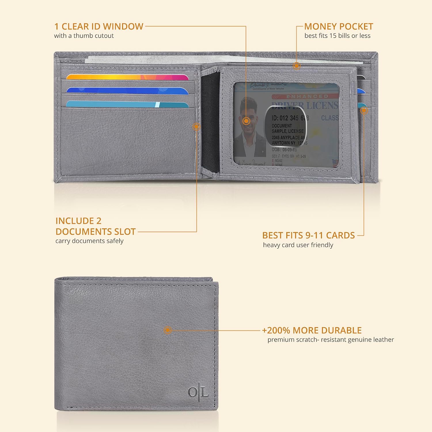 BILLETERA DE CUERO PARA HOMBRE OAK LEATHERS SLIM RFID BIFOLD COMPACTA GENUINA - 2