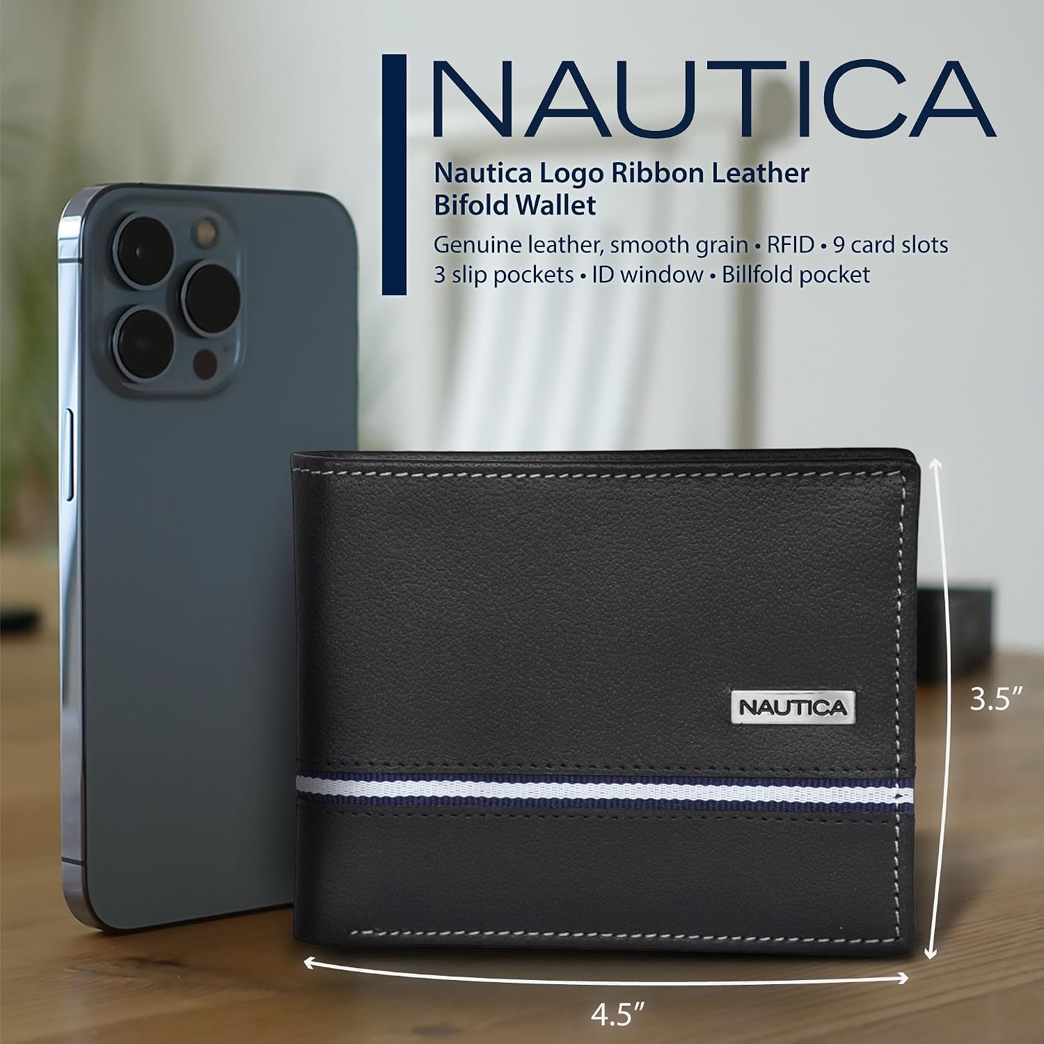 BILLETERA PARA HOMBRE NAUTICA BIFOLD DE CUERO CON BLOQUEO RFID Y VENTANA PARA ID - 4