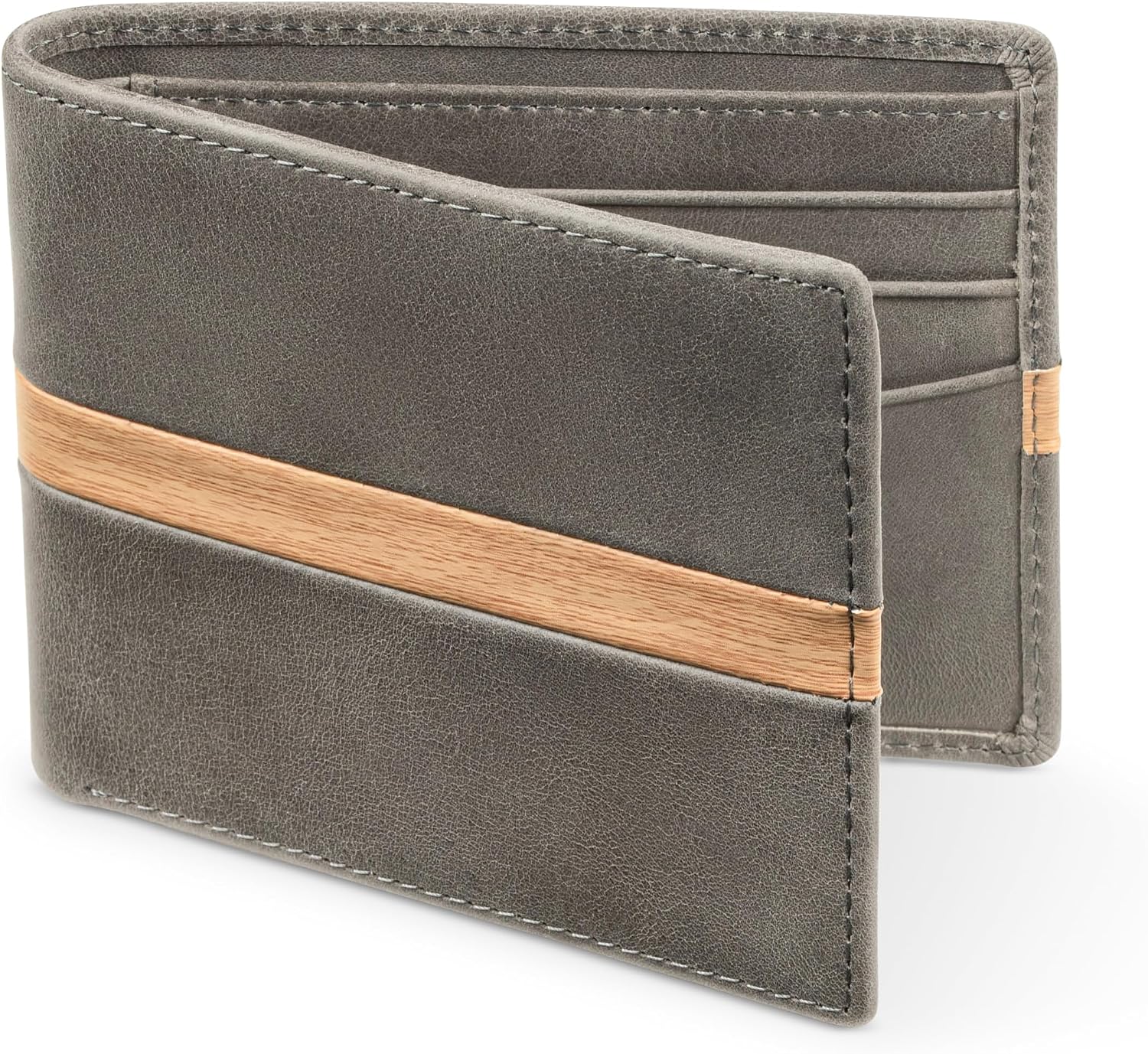 BILLETERA DE CUERO PARA HOMBRE CLAASICO BIFOLD CON DETALLE EN MADERA NATURAL Y BLOQUEO RFID - 1