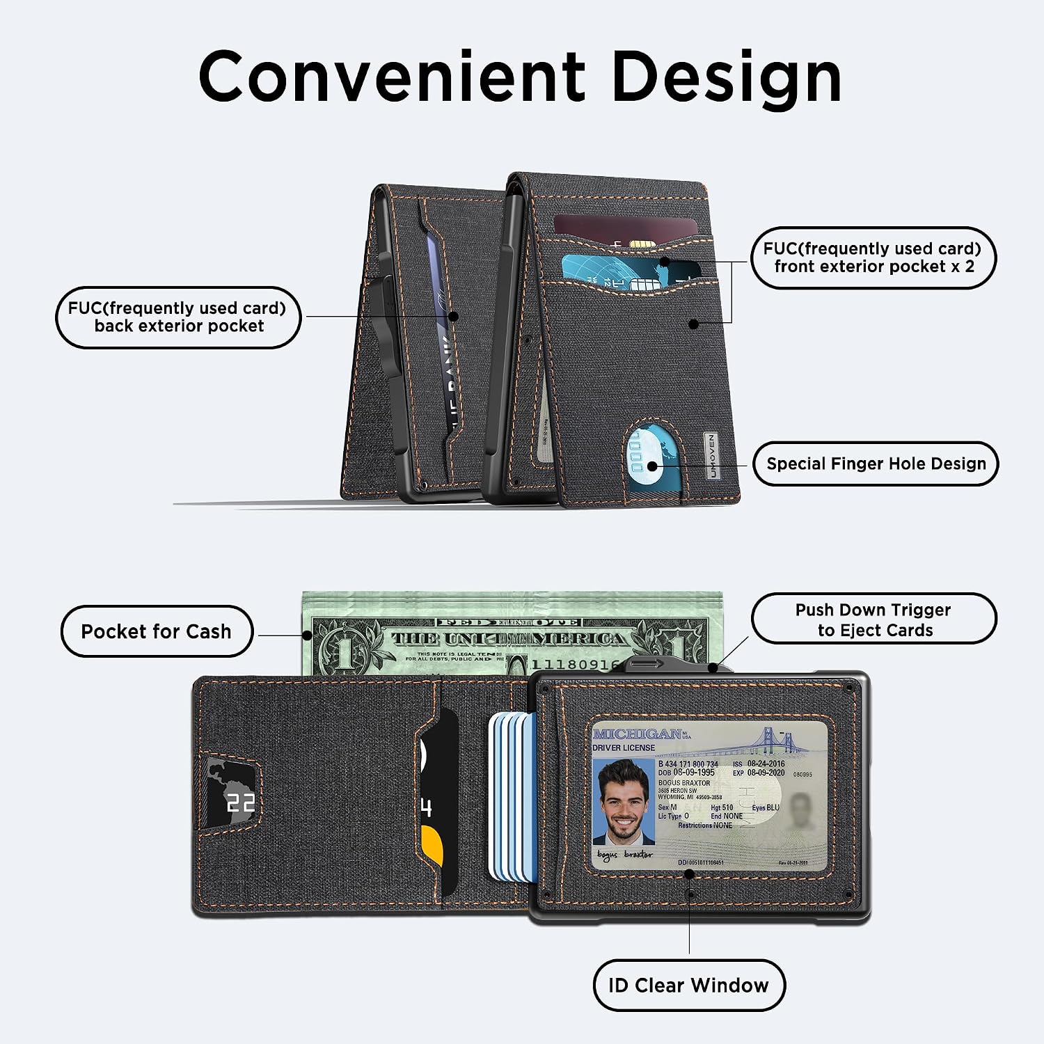 BILLETERA PARA HOMBRE UMOVEN MINIMALISTA DE CUERO CON BLOQUEO RFID Y COMPARTIMIENTO PARA BILLETES - 2