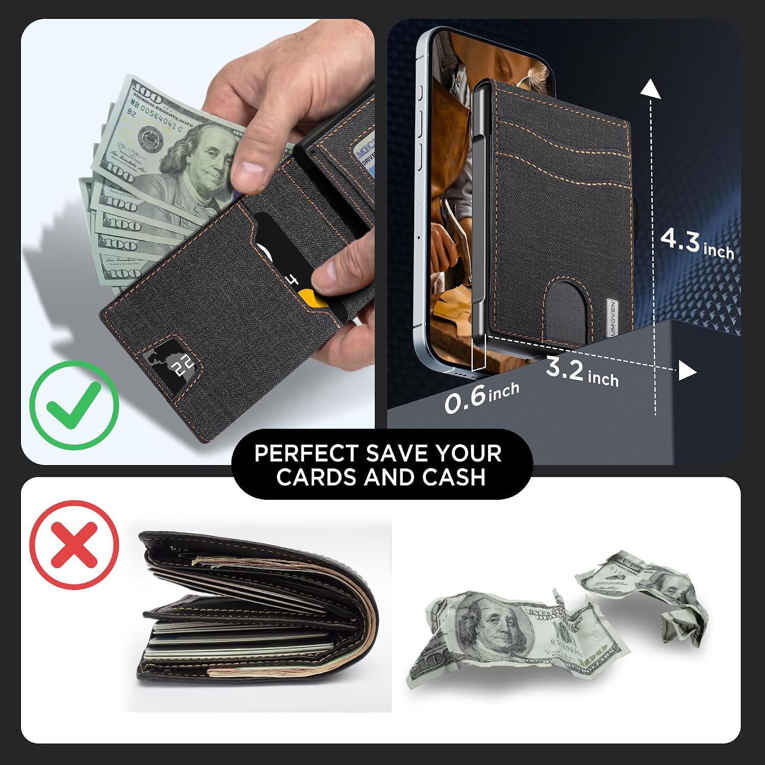 BILLETERA PARA HOMBRE UMOVEN MINIMALISTA DE CUERO CON BLOQUEO RFID Y COMPARTIMIENTO PARA BILLETES - 4