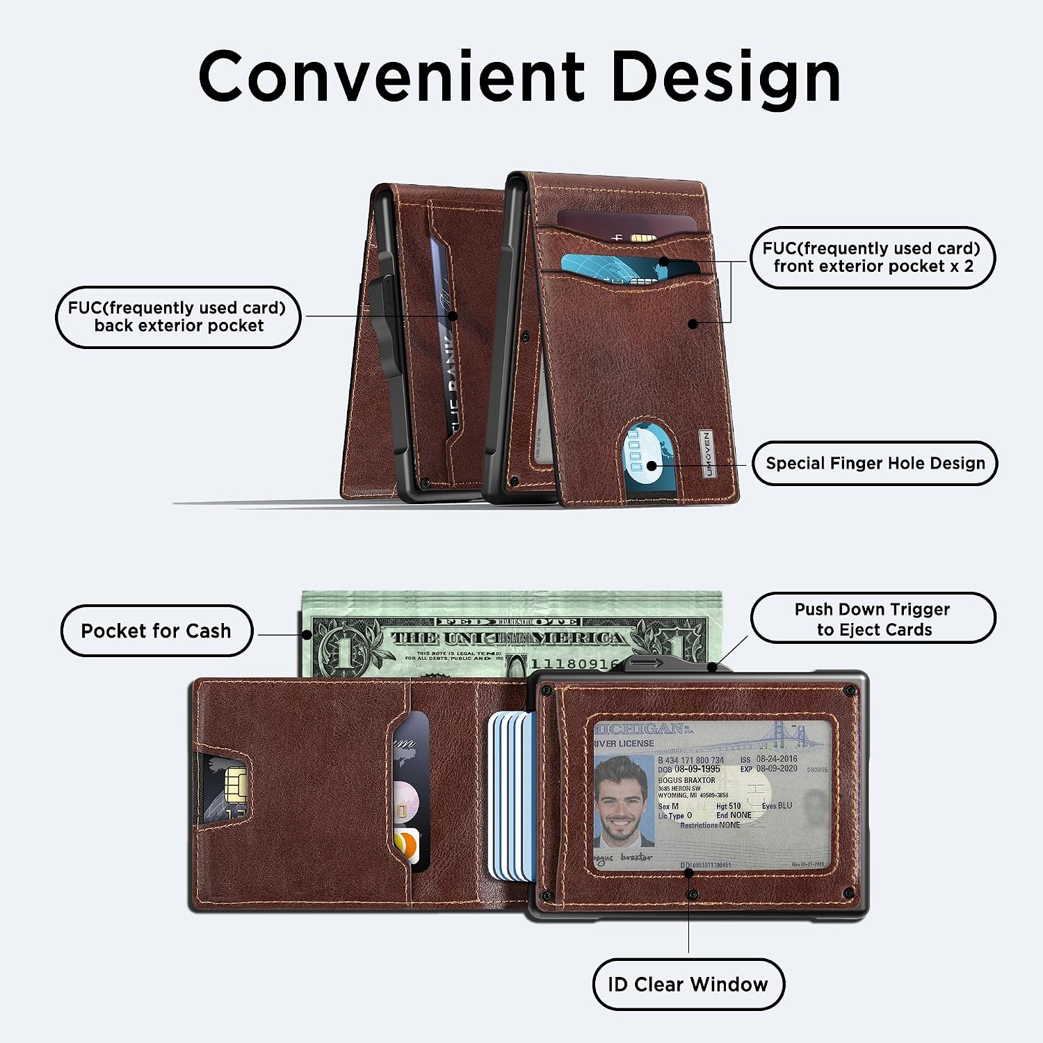 BILLETERA PARA HOMBRE UMOVEN MINIMALISTA DE CUERO CON BLOQUEO RFID Y COMPARTIMIENTO PARA BILLETES - 2