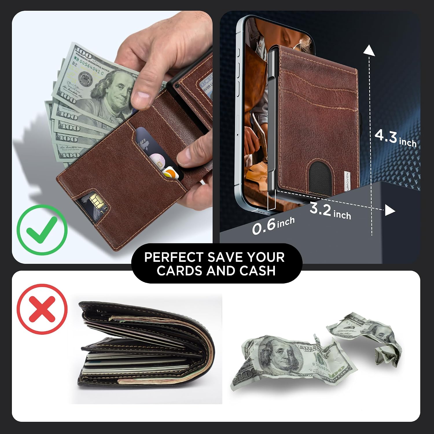 BILLETERA PARA HOMBRE UMOVEN MINIMALISTA DE CUERO CON BLOQUEO RFID Y COMPARTIMIENTO PARA BILLETES - 4