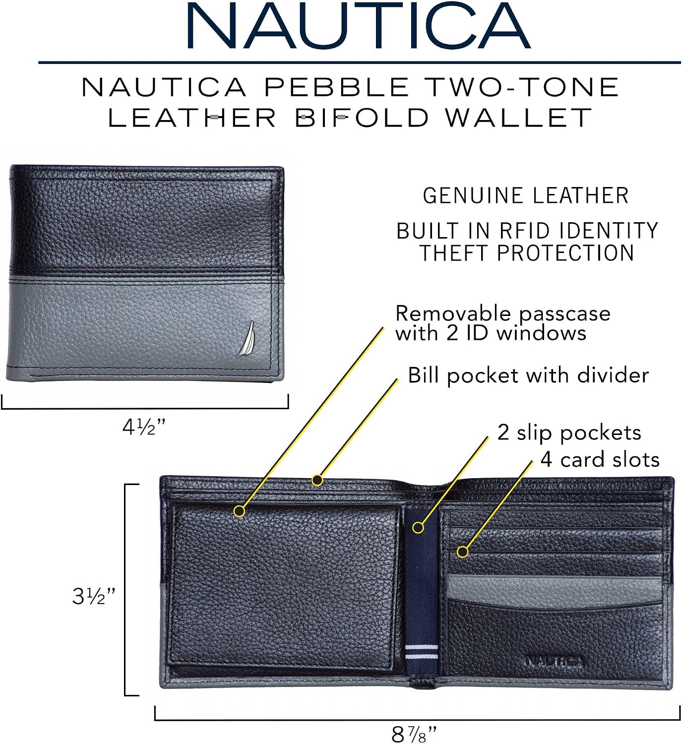 BILLETERA PARA HOMBRE NAUTICA BIFOLD DE CUERO CON BLOQUEO RFID - 5