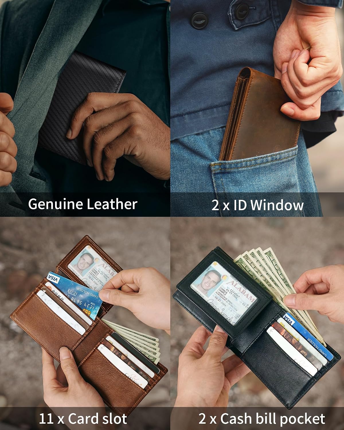 BILLETERA PARA HOMBRE ARTPAXY BIFOLD DE CUERO GENUINO CON BLOQUEO RFID 11 PORTA TARJETAS 2 VENTANAS ID 2 COMPARTIMENTOS PARA - 3