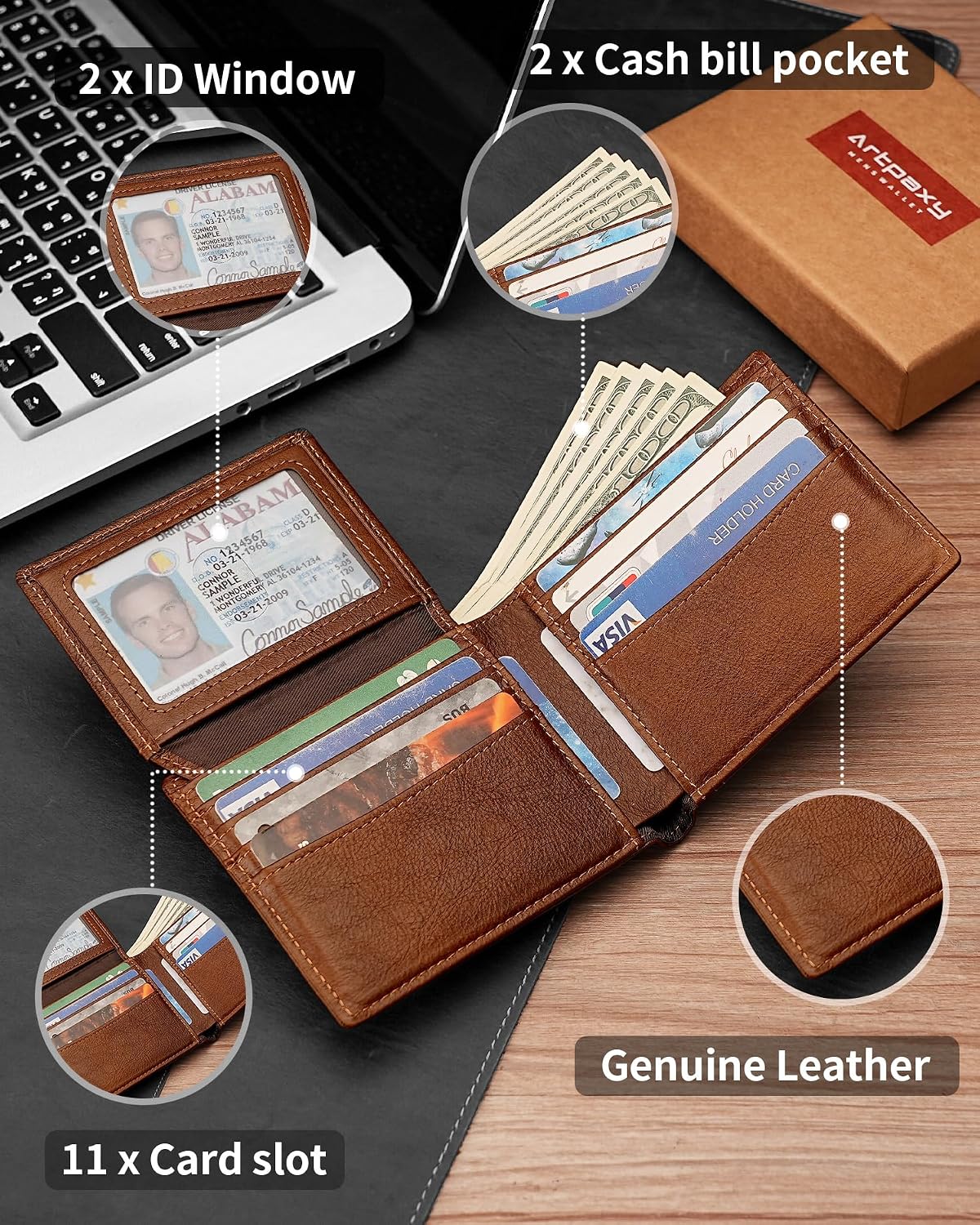 BILLETERA PARA HOMBRE ARTPAXY BIFOLD DE CUERO GENUINO CON BLOQUEO RFID 11 PORTA TARJETAS 2 VENTANAS ID 2 COMPARTIMENTOS PARA - 5
