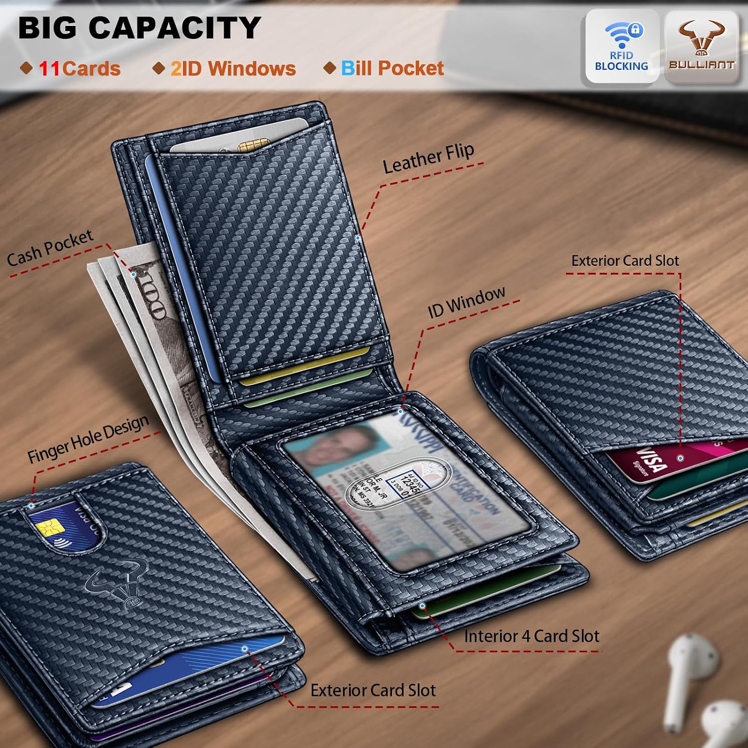 BILLETERA PARA HOMBRE BULLIANT SLIM DE CUERO PARA 11 TARJETAS - 2
