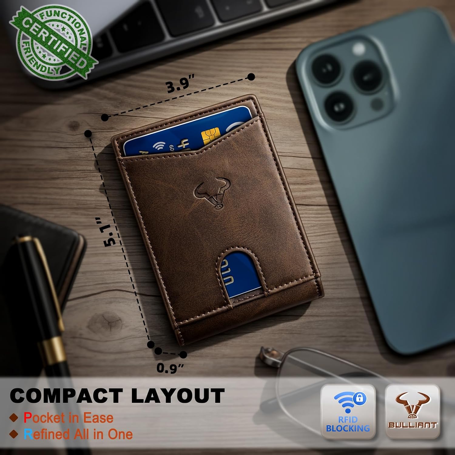 BILLETERA PARA HOMBRE BULLIANT SLIM DE CUERO CON CAPACIDAD PARA 11 TARJETAS - 4