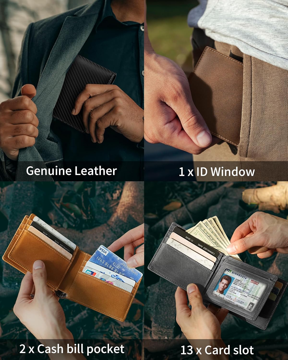 BILLETERA PARA HOMBRE ARTPAXY BIFOLD DE CUERO GENUINO CON BLOQUEO RFID 13 TARJETEROS 1 VENTANA ID 2 COMPARTIMENTOS PARA BILLETES - 3