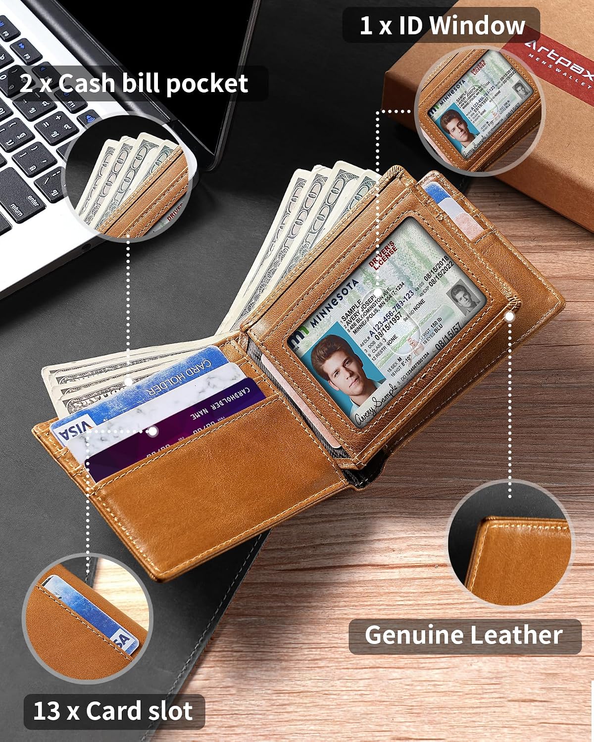 BILLETERA PARA HOMBRE ARTPAXY BIFOLD DE CUERO GENUINO CON BLOQUEO RFID 13 TARJETEROS 1 VENTANA ID 2 COMPARTIMENTOS PARA BILLETES - 5