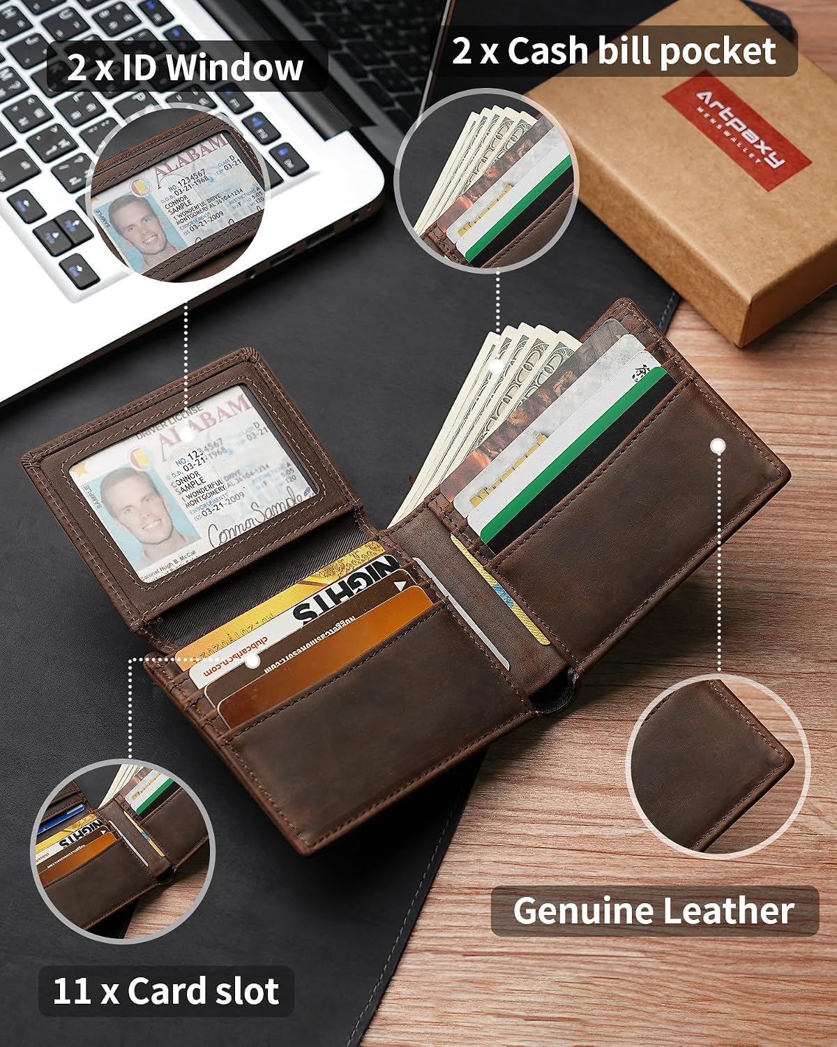 BILLETERA PARA HOMBRE ARTPAXY BIFOLD DE CUERO GENUINO CON BLOQUEO RFID 11 RANURAS PARA TARJETAS 2 VENTANAS PARA ID 2 - 5