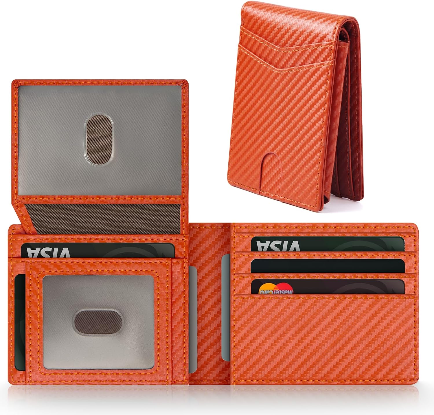BILLETERA GNDR PARA HOMBRE BLOQUEO RFID CUERO NARANJA BIFOLD CON PORTA TARJETAS DE FIBRA DE CARBONO - 1