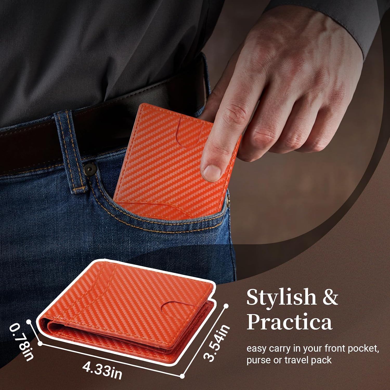 BILLETERA GNDR PARA HOMBRE BLOQUEO RFID CUERO NARANJA BIFOLD CON PORTA TARJETAS DE FIBRA DE CARBONO - 3