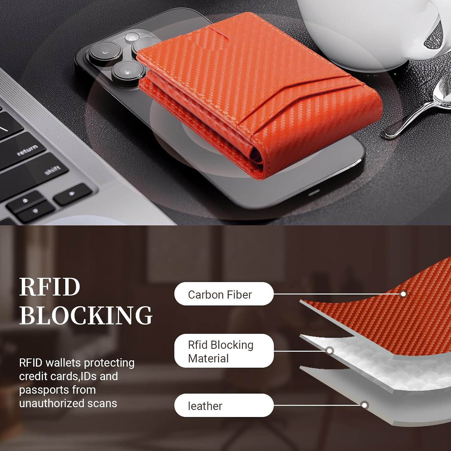 BILLETERA GNDR PARA HOMBRE BLOQUEO RFID CUERO NARANJA BIFOLD CON PORTA TARJETAS DE FIBRA DE CARBONO - 4