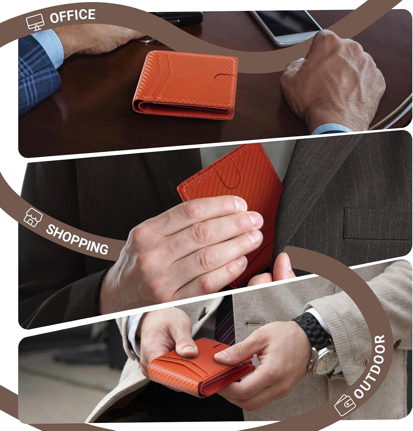 BILLETERA GNDR PARA HOMBRE BLOQUEO RFID CUERO NARANJA BIFOLD CON PORTA TARJETAS DE FIBRA DE CARBONO - 5