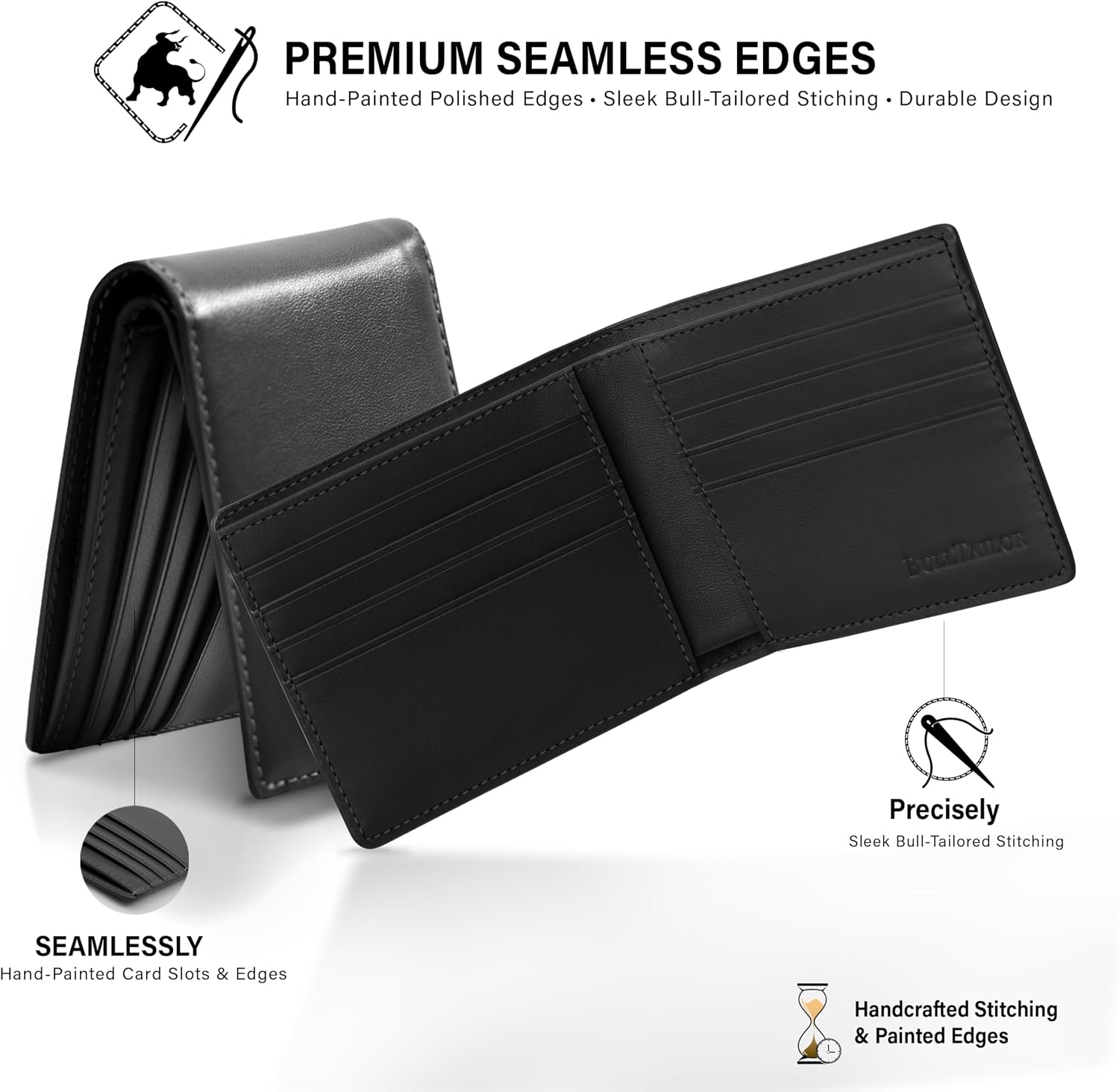 BILLETERA PARA HOMBRE BULLTAILOR SLIM BIFOLD DE CUERO FULL-GRAIN CON BLOQUEO RFID Y 8 RANURAS PARA TARJETAS NEGRA - 4