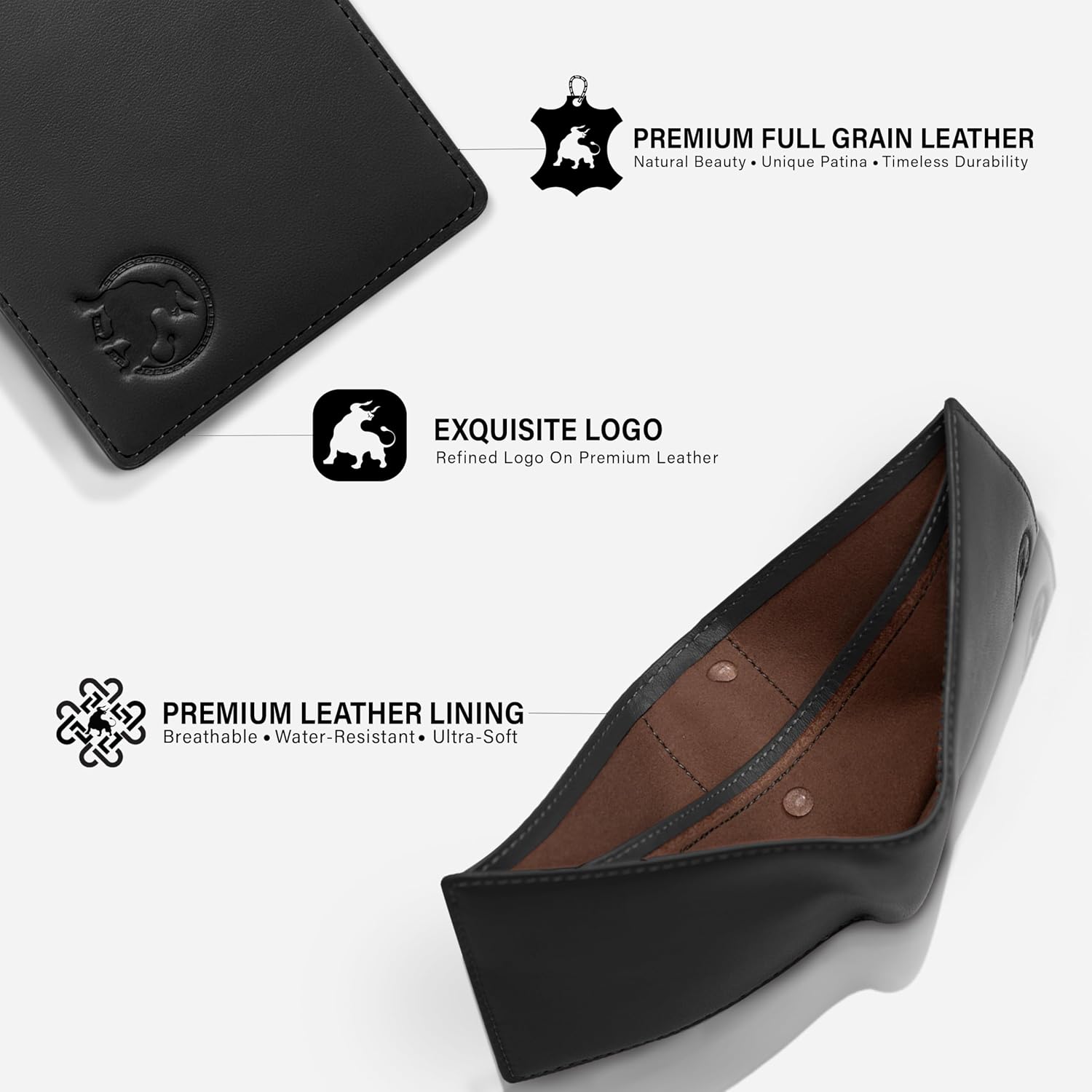 BILLETERA PARA HOMBRE BULLTAILOR SLIM BIFOLD DE CUERO FULL-GRAIN CON BLOQUEO RFID Y 8 RANURAS PARA TARJETAS NEGRA - 5