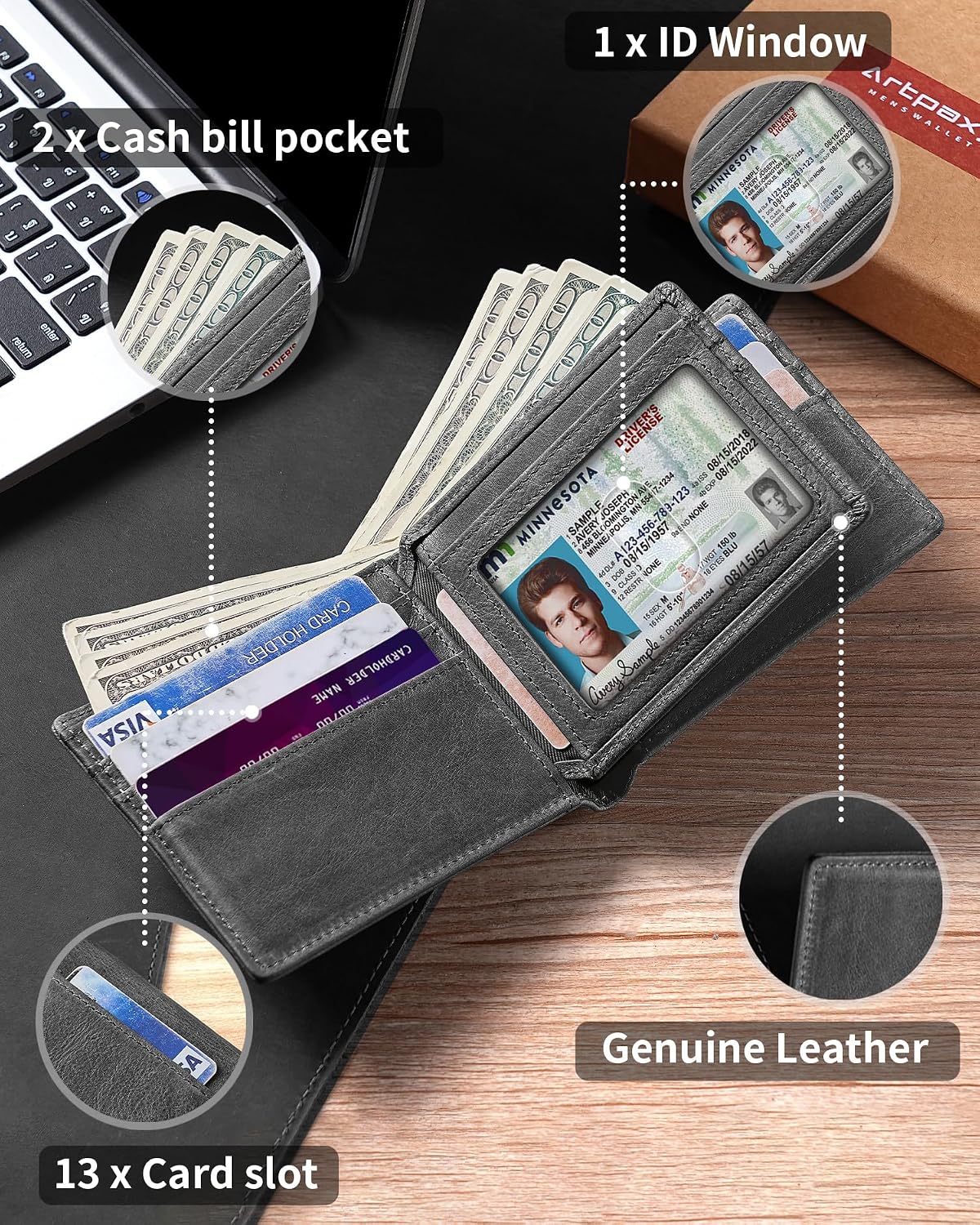 BILLETERA PARA HOMBRE ARTPAXY BIFOLD DE CUERO GENUINO CON BLOQUEO RFID 13 TARJETEROS 1 VENTANA ID 2 COMPARTIMENTOS PARA BILLETES - 5