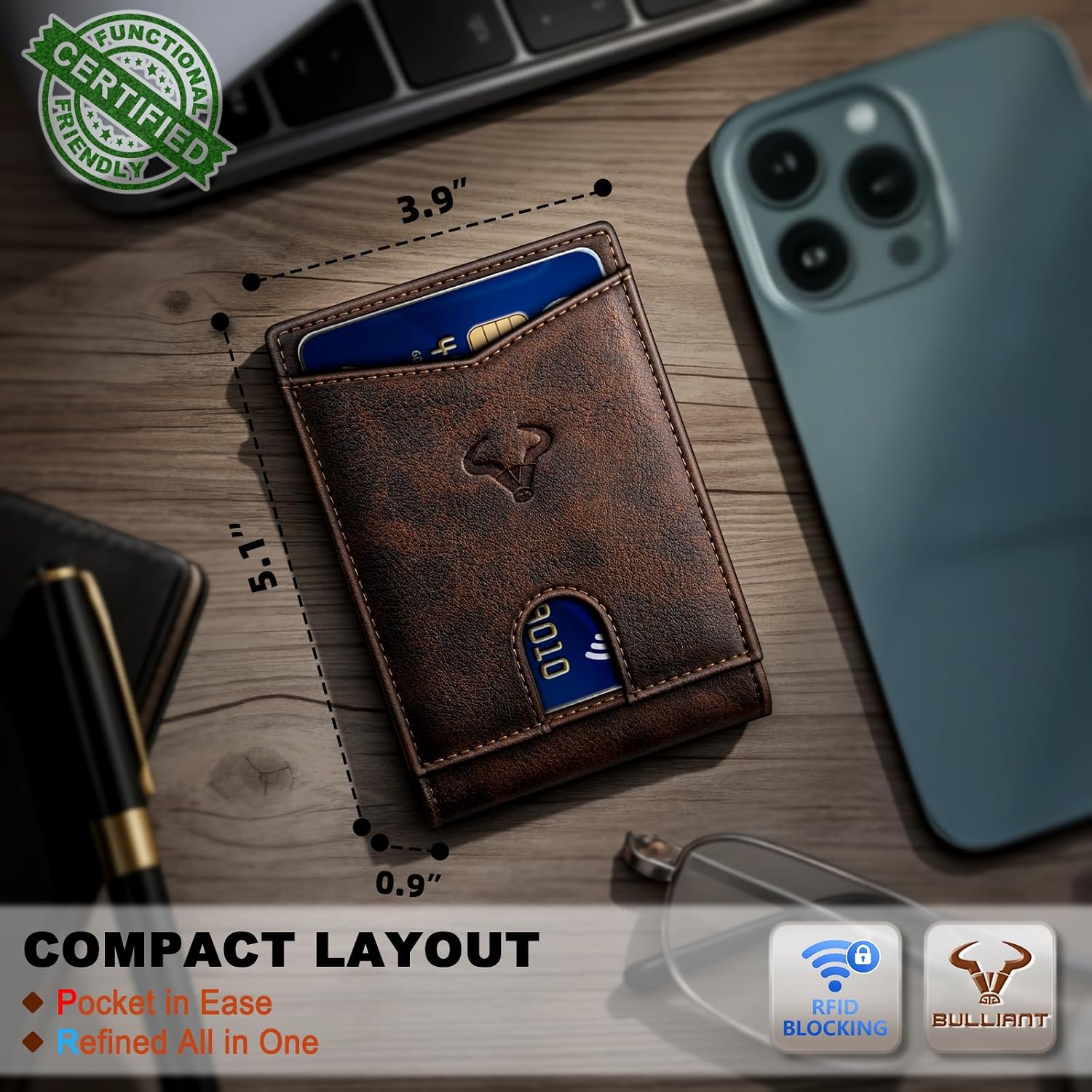 BILLETERA PARA HOMBRE BULLIANT SLIM DE CUERO PARA 11 TARJETAS - 4