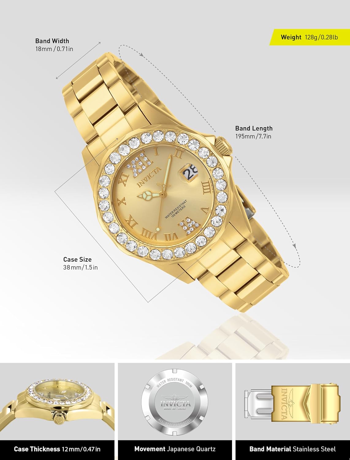 RELOJ DE PULSERA INVICTA PRO DIVER PARA MUJER ACERO INOXIDABLE CON DETALLES EN CRISTAL Y BAÑO IONIZADO 18K - 3