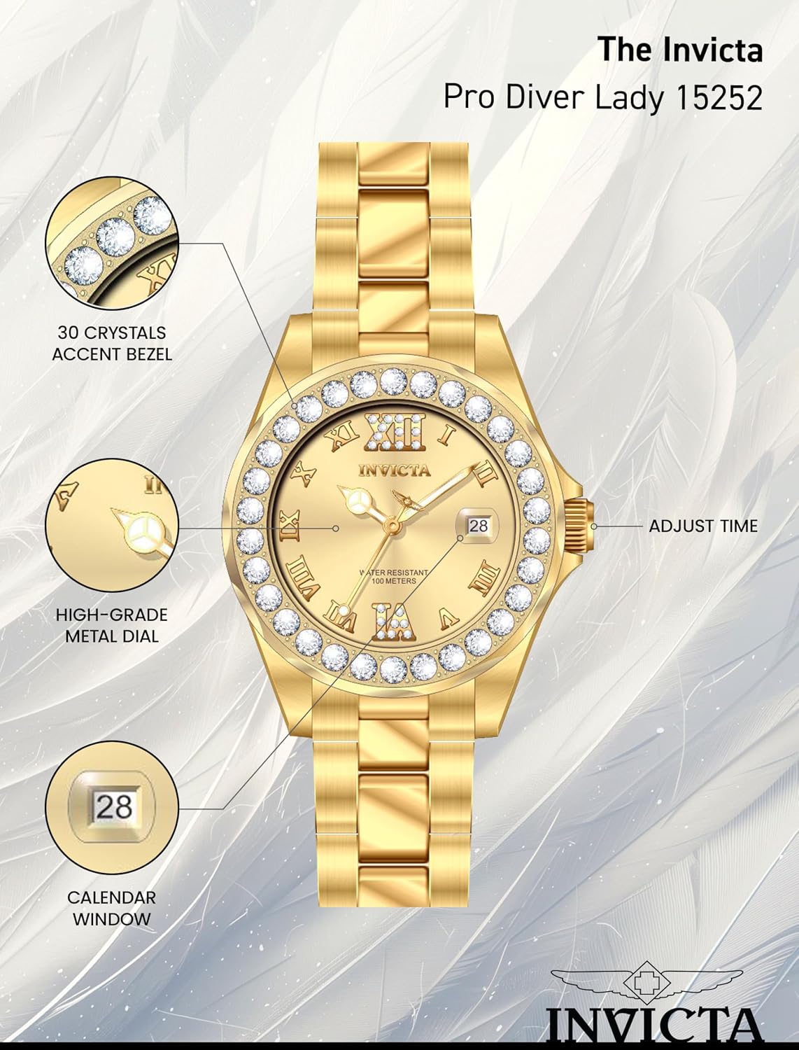 RELOJ DE PULSERA INVICTA PRO DIVER PARA MUJER ACERO INOXIDABLE CON DETALLES EN CRISTAL Y BAÑO IONIZADO 18K - 4