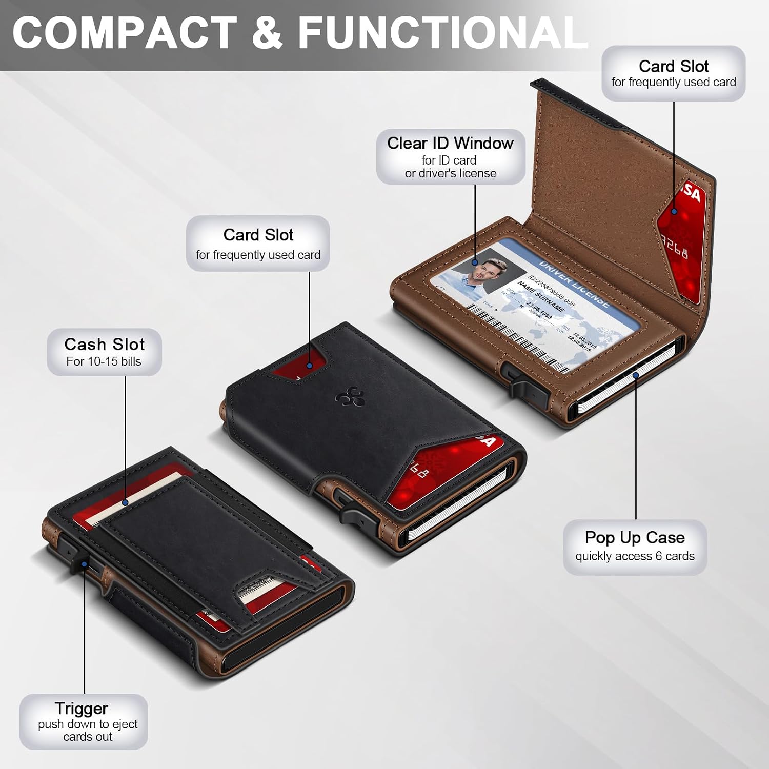 BILLETERA PARA HOMBRE SEMORID SLIM POP UP CON RFID Y VENTANA PARA ID NEGRA - 5