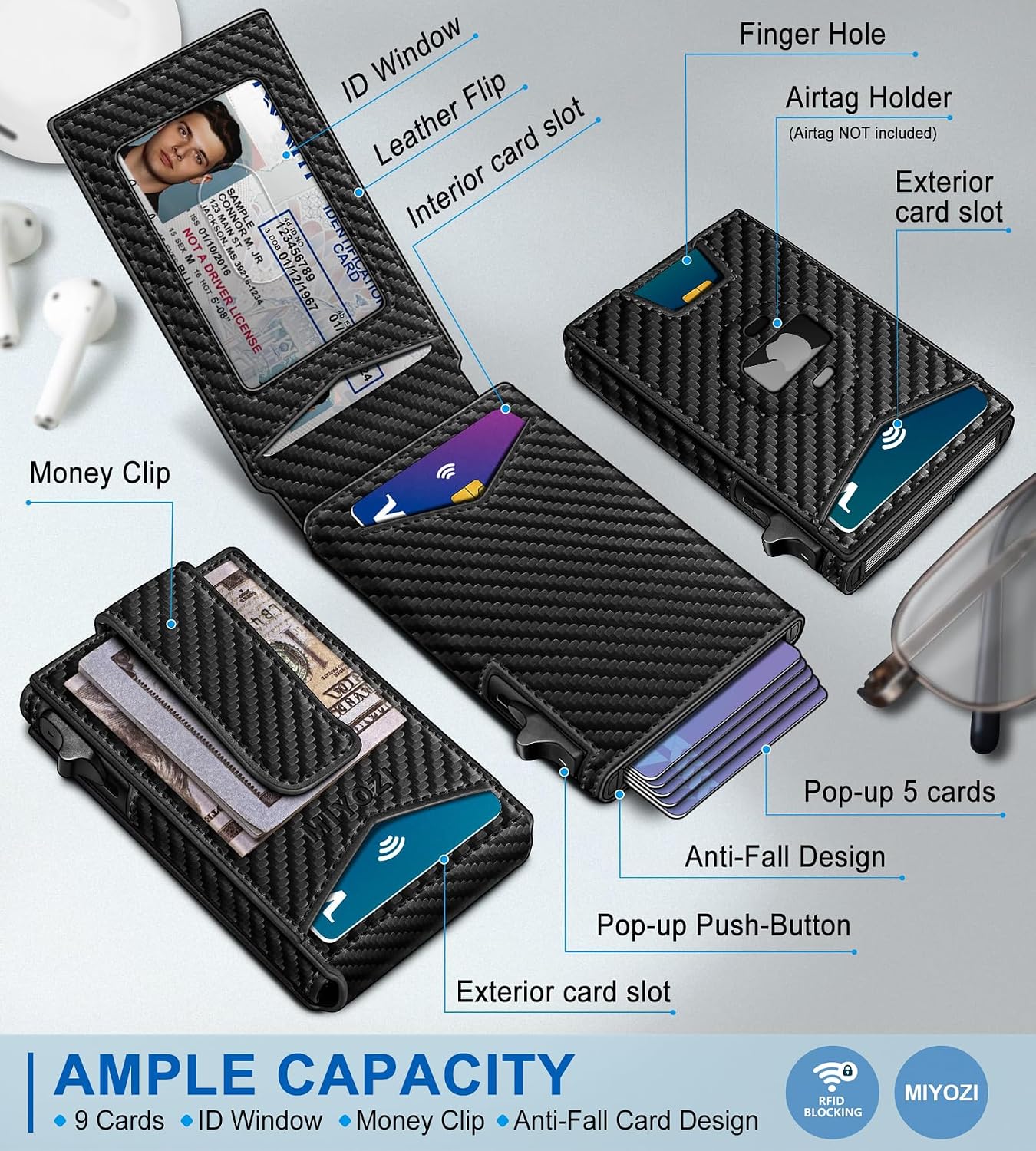 BILLETERA PARA HOMBRE MIYOZI AIRTAG CON CLIP PARA DINERO Y 9 TARJETAS CON VENTANA PARA ID Y BLOQUEO RFID - 2