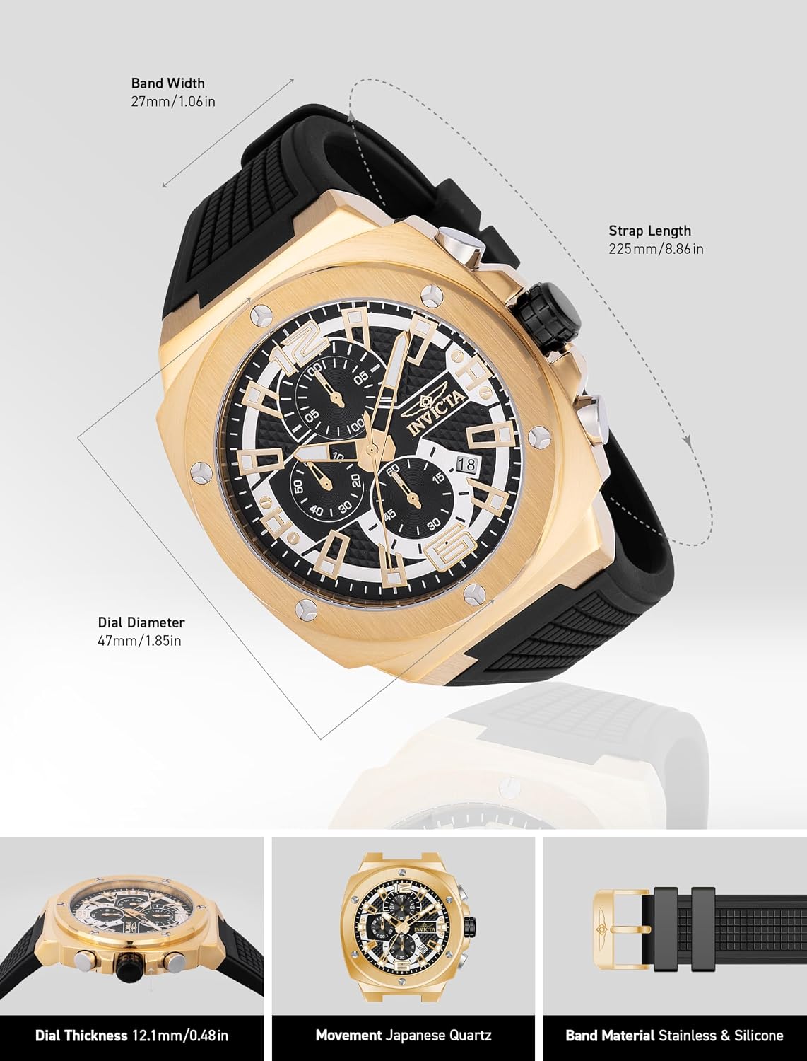 RELOJ DE PULSERA INVICTA RACING HOMBRE 47MM ACERO DORADO CON ESFERA NEGRA Y DORADA VD57 QUARTZ - 3