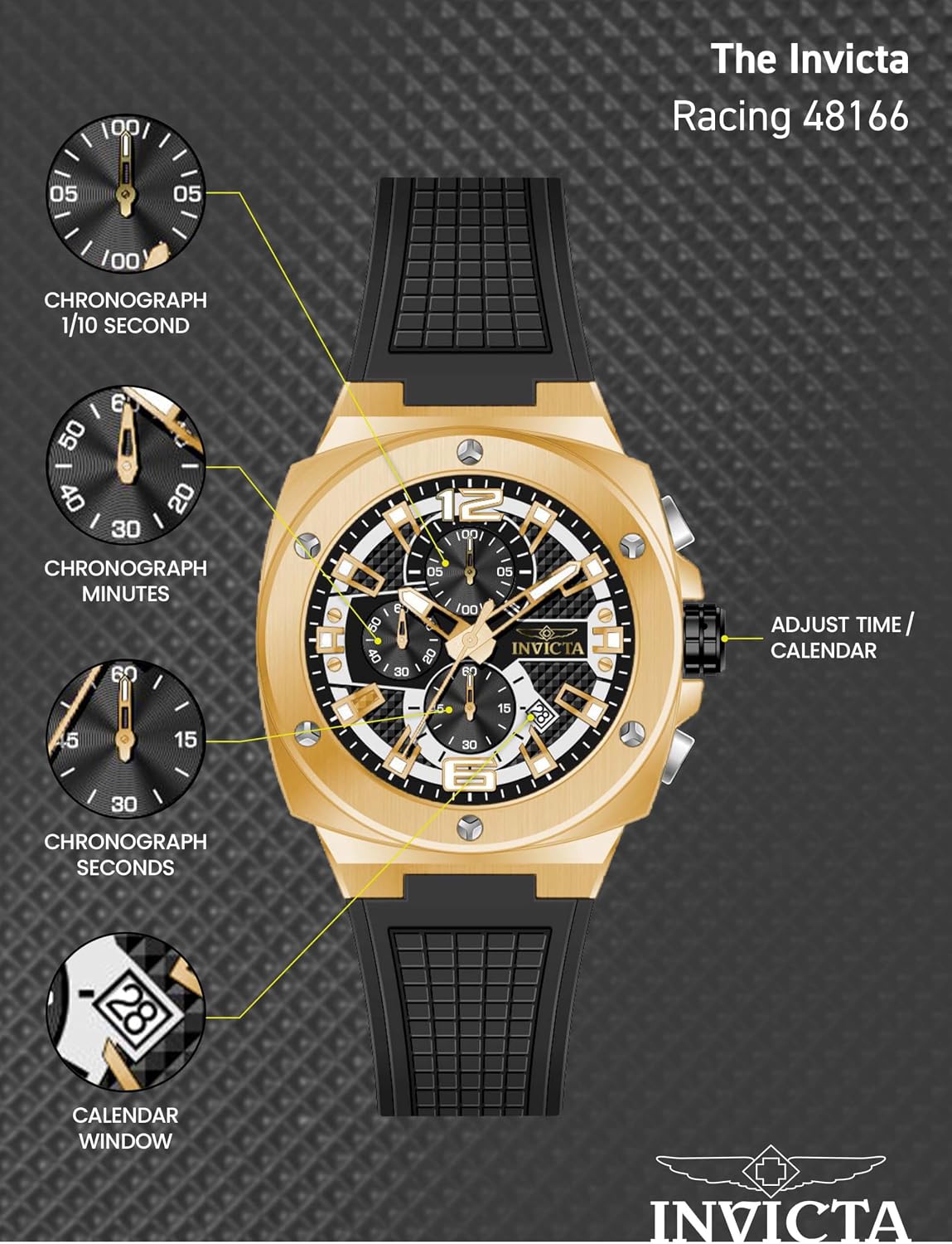 RELOJ DE PULSERA INVICTA RACING HOMBRE 47MM ACERO DORADO CON ESFERA NEGRA Y DORADA VD57 QUARTZ - 4