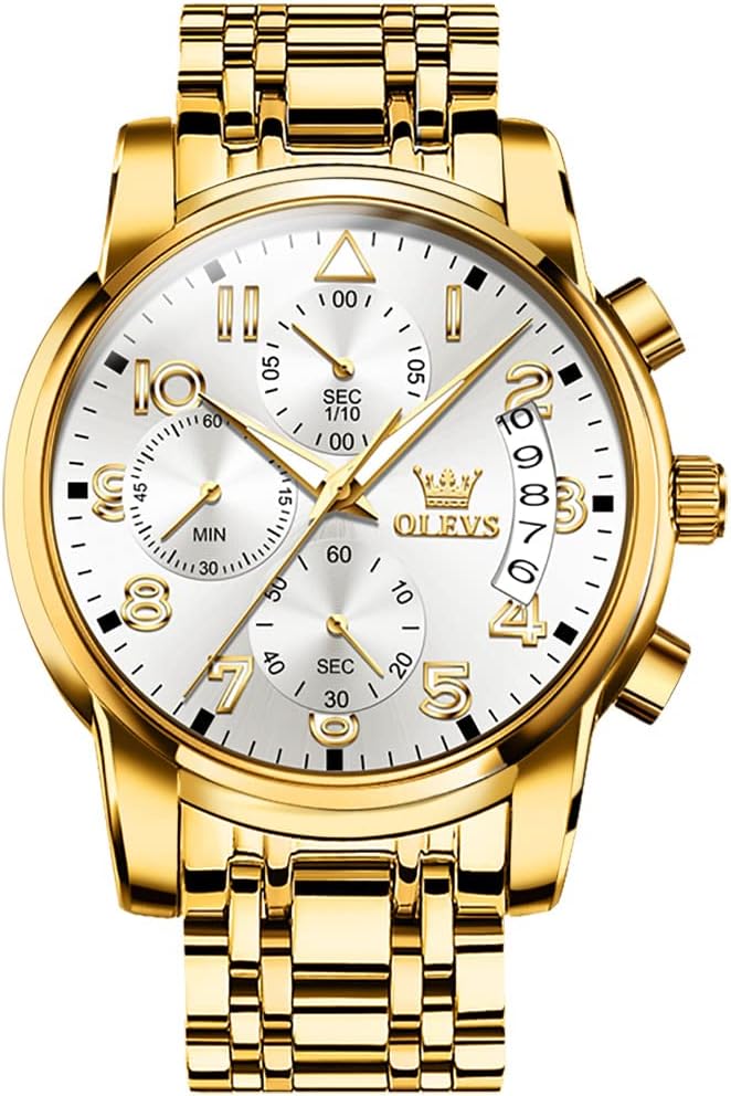 RELOJ DE PULSERA PARA HOMBRE OLEVS CRONÓGRAFO ACERO INOXIDABLE DORADO Y PLATEADO CON ESFERA BLANCA - 1