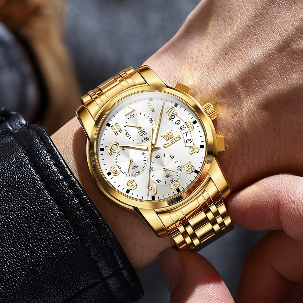 RELOJ DE PULSERA PARA HOMBRE OLEVS CRONÓGRAFO ACERO INOXIDABLE DORADO Y PLATEADO CON ESFERA BLANCA - 2