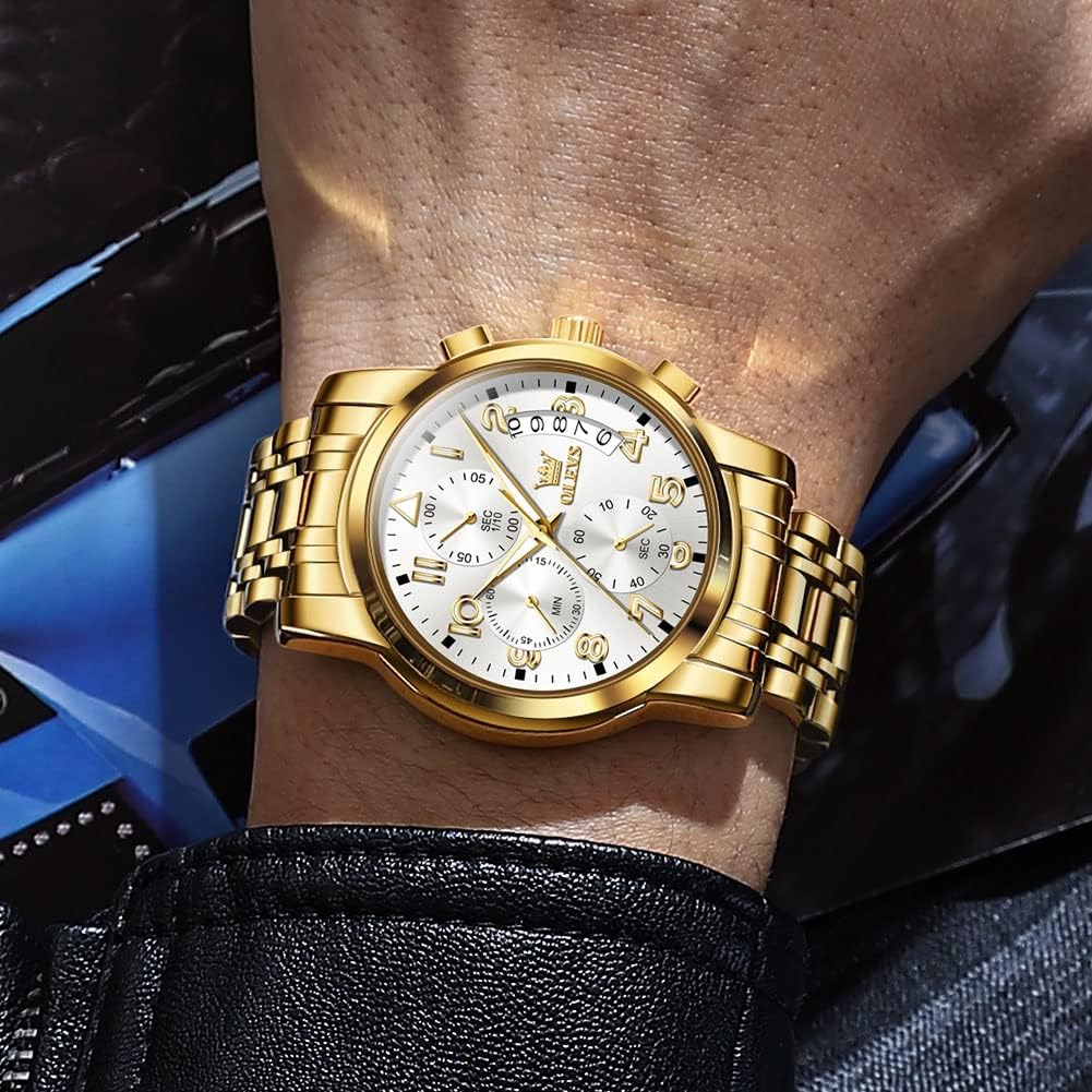 RELOJ DE PULSERA PARA HOMBRE OLEVS CRONÓGRAFO ACERO INOXIDABLE DORADO Y PLATEADO CON ESFERA BLANCA - 3