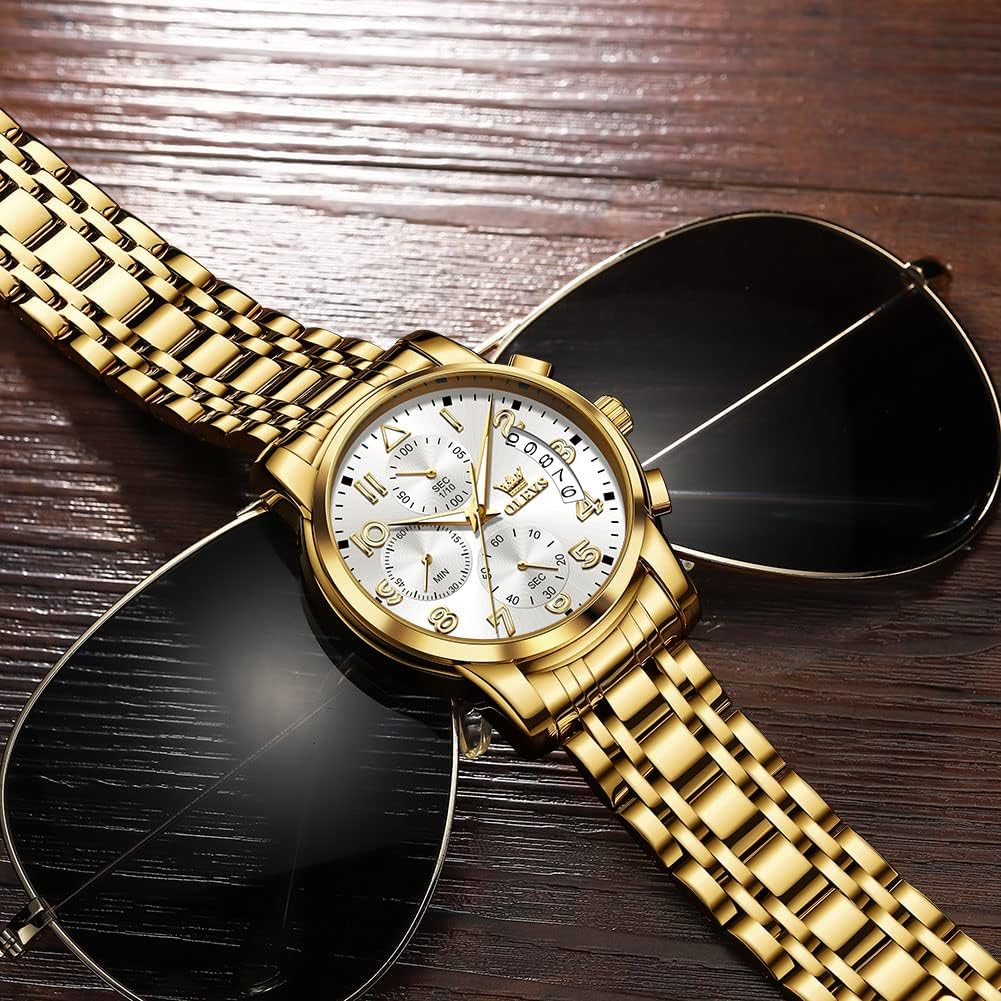 RELOJ DE PULSERA PARA HOMBRE OLEVS CRONÓGRAFO ACERO INOXIDABLE DORADO Y PLATEADO CON ESFERA BLANCA - 4