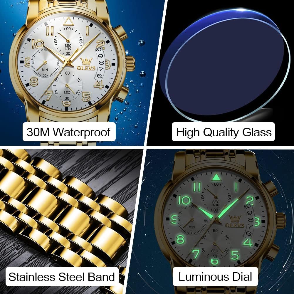 RELOJ DE PULSERA PARA HOMBRE OLEVS CRONÓGRAFO ACERO INOXIDABLE DORADO Y PLATEADO CON ESFERA BLANCA - 5