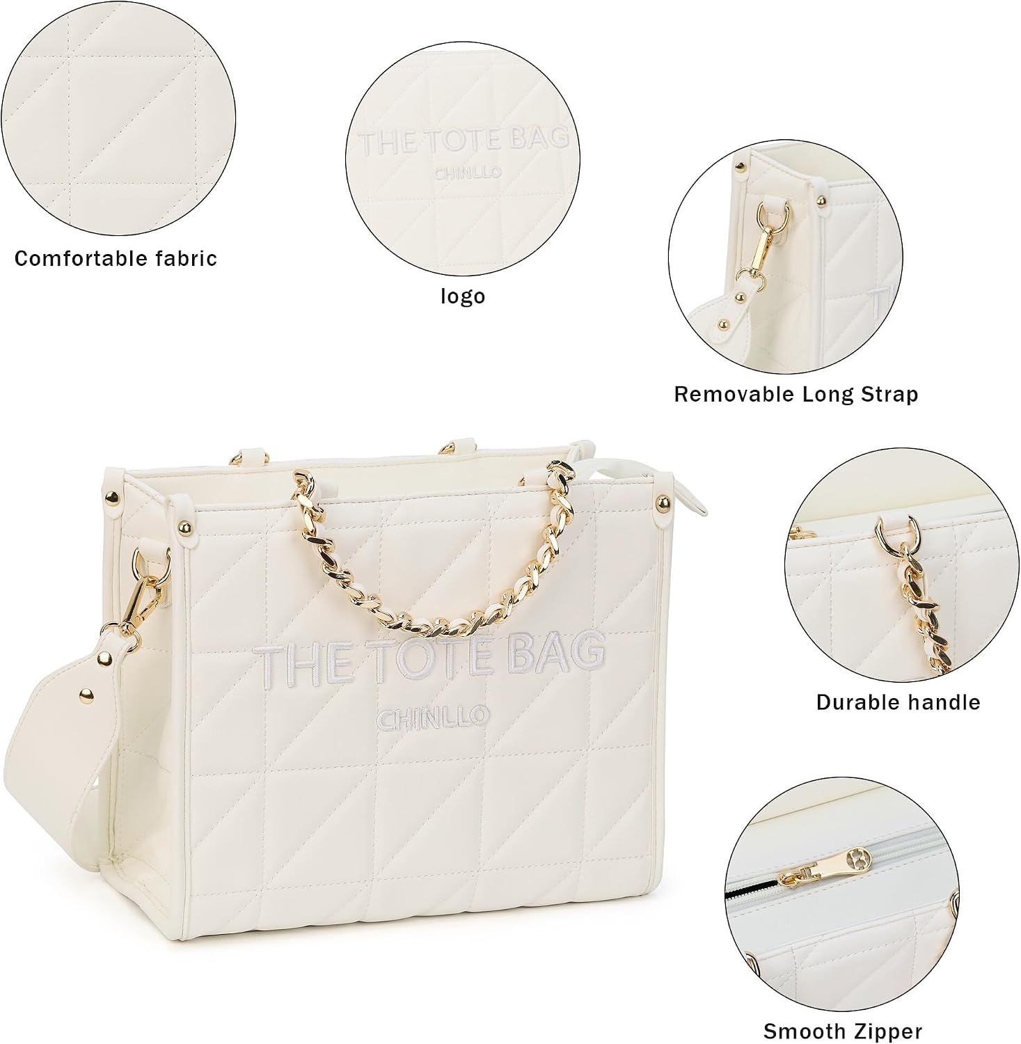 BOLSO TOTE CHINLLO CON CADENA ACOLCHADA BLANCO 4 LITROS - 4