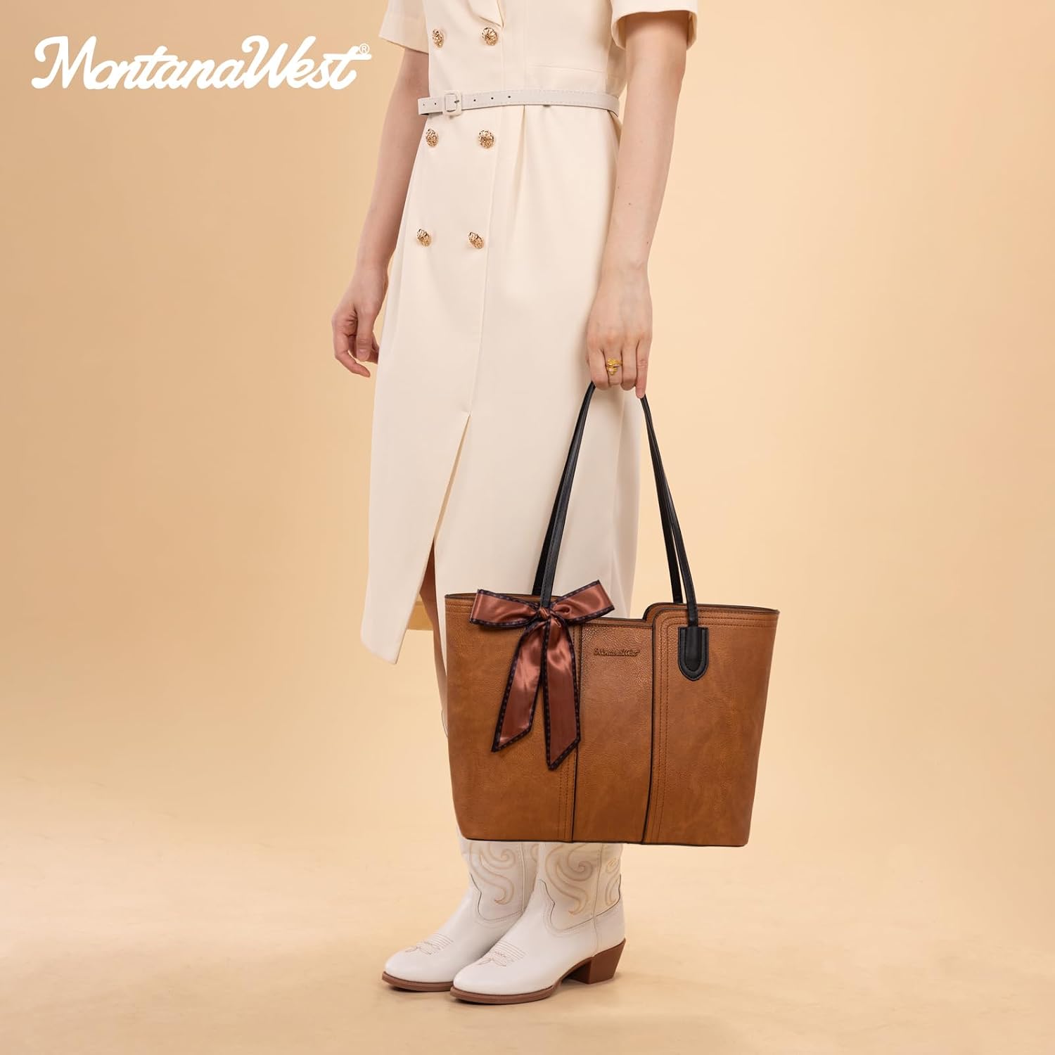 BOLSO TOTE MONTANA WEST ÁMBAR MARRÓN CON BUFANDA - 2