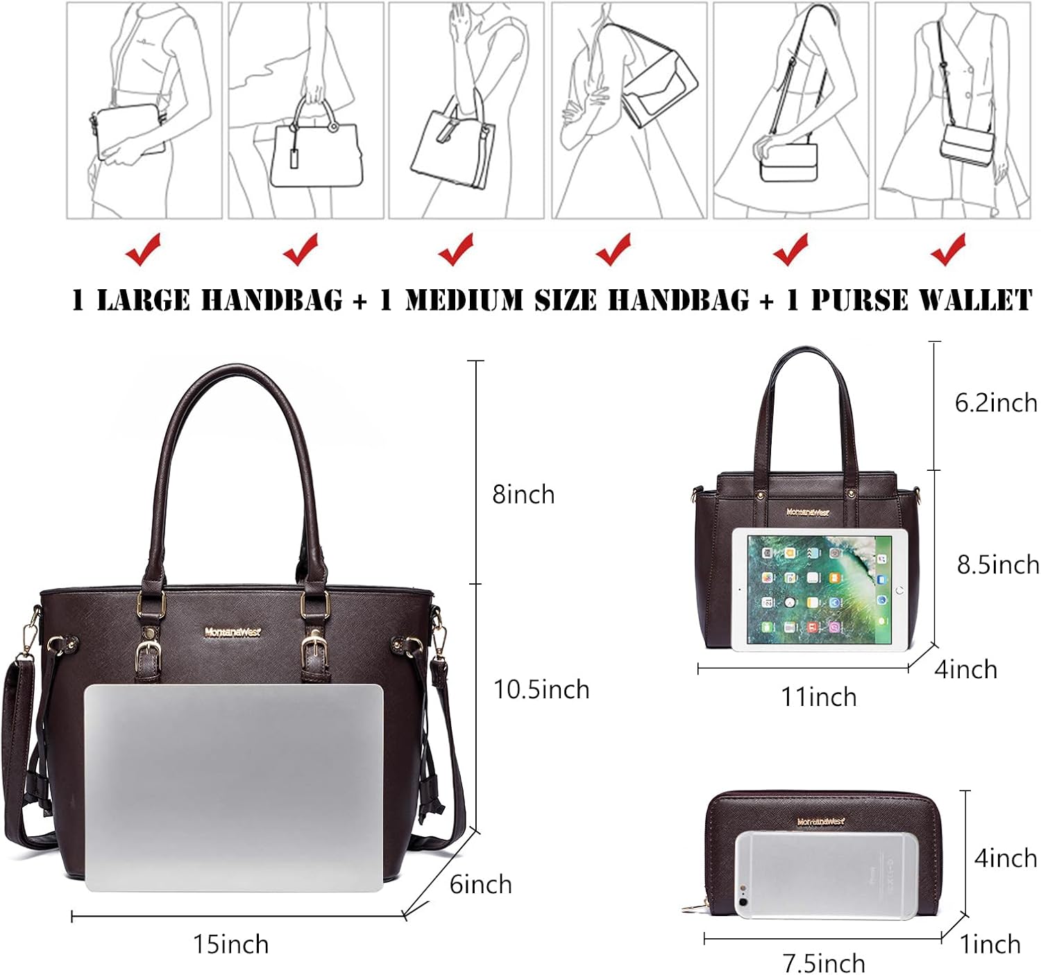 SET DE BOLSOS MONTANA WEST 3 PIEZAS TOTE Y SATCHEL PARA MUJER - 4