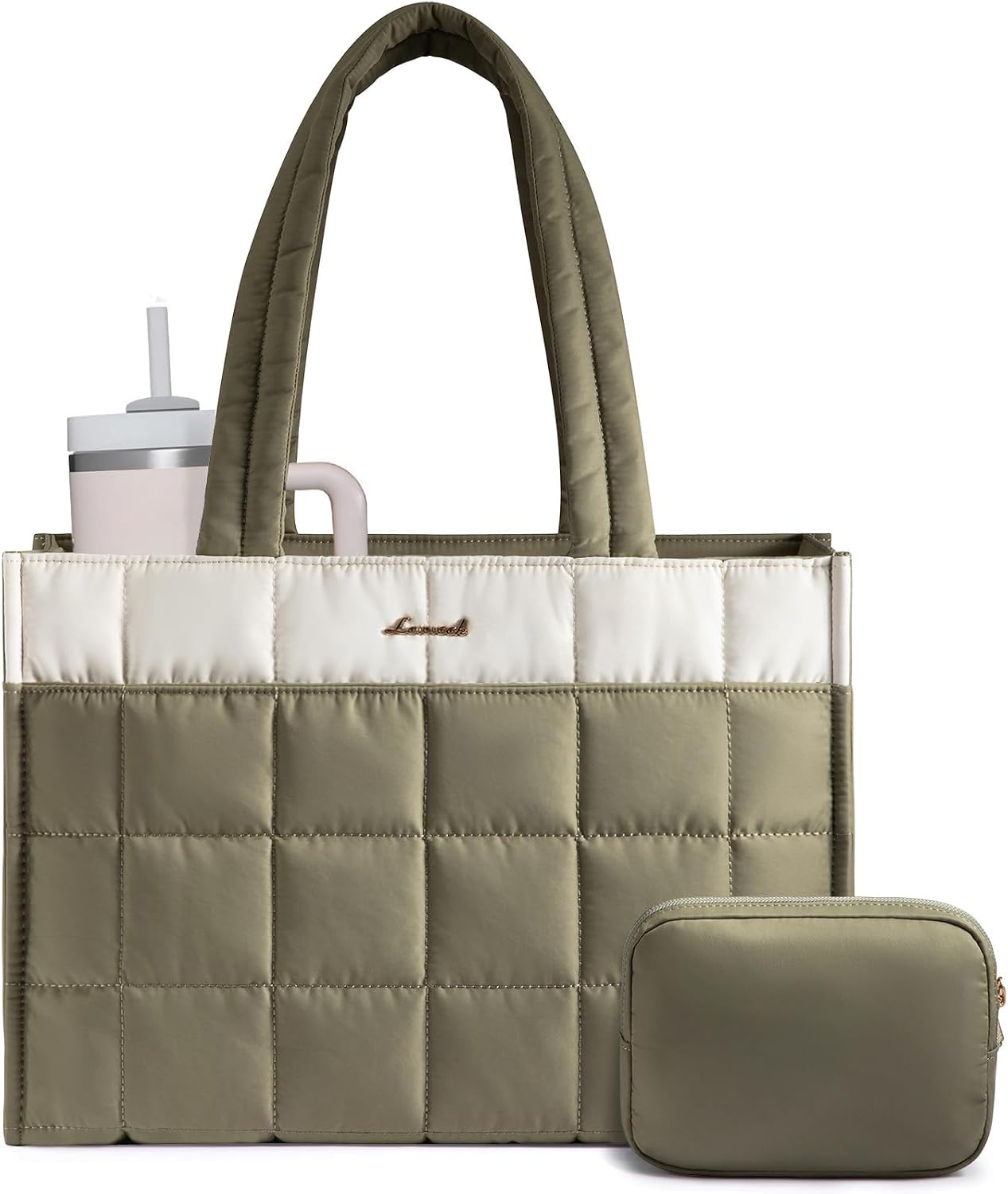 BOLSO TOTE LOVEVOOK PUFFER PARA MUJER 15.6 PULGADAS CREMA-ACEITUNA - 1