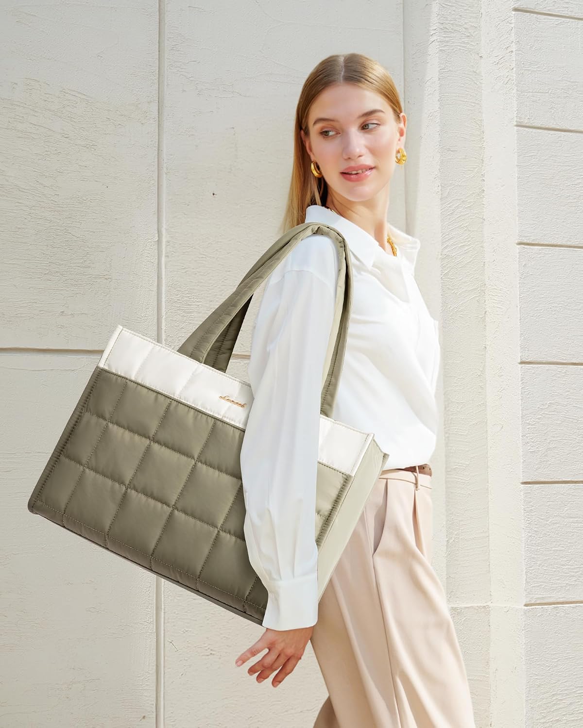 BOLSO TOTE LOVEVOOK PUFFER PARA MUJER 15.6 PULGADAS CREMA-ACEITUNA - 2
